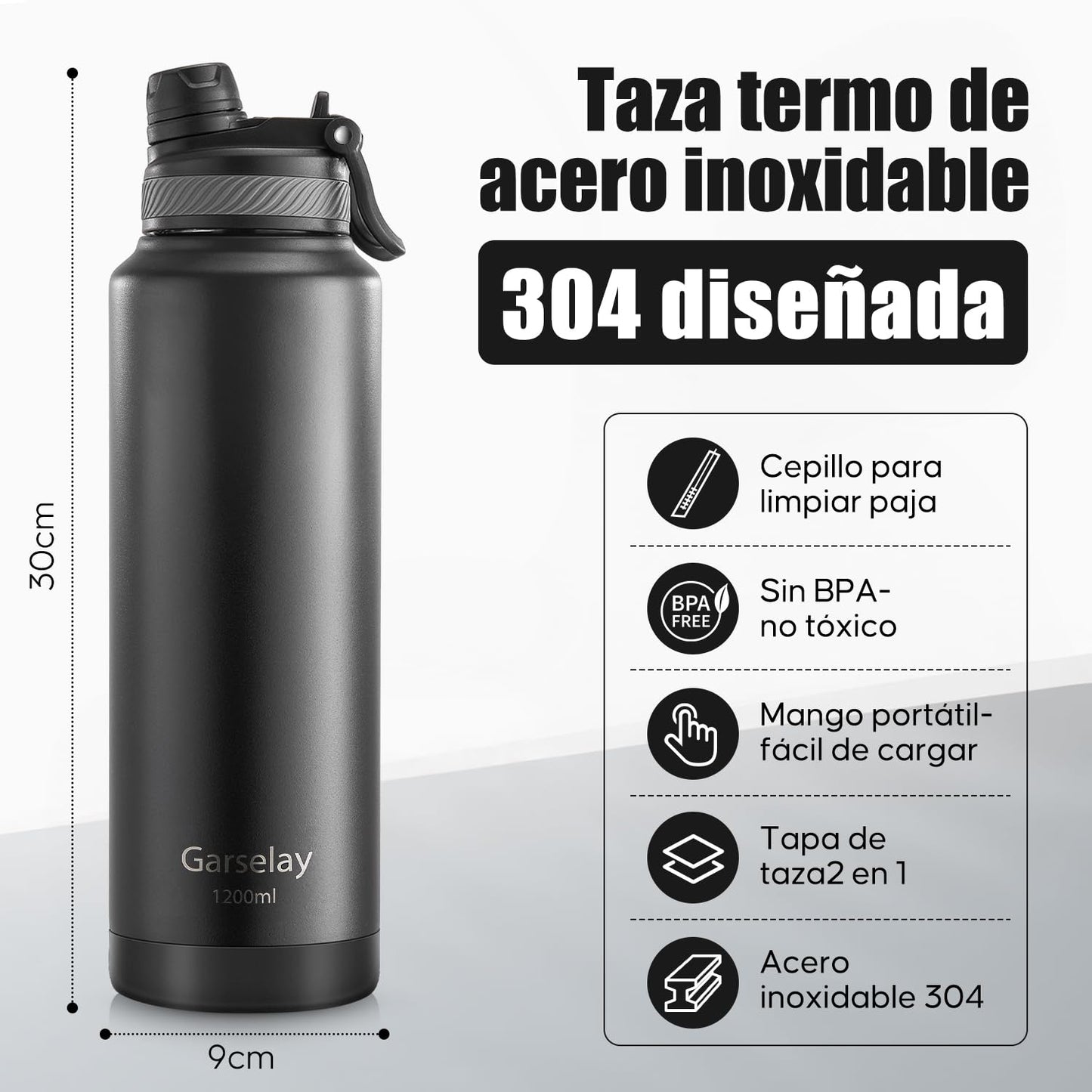 Botella Térmica de Acero Inoxidable 1200ml-Termo para Agua Fría con Tapa de Taza y Asa Portátil, Doble Aislamiento 24 Horas Frío, Sellado Hermético, Diseño Antigoteo para Deportes (Negro,1.2 Litros)