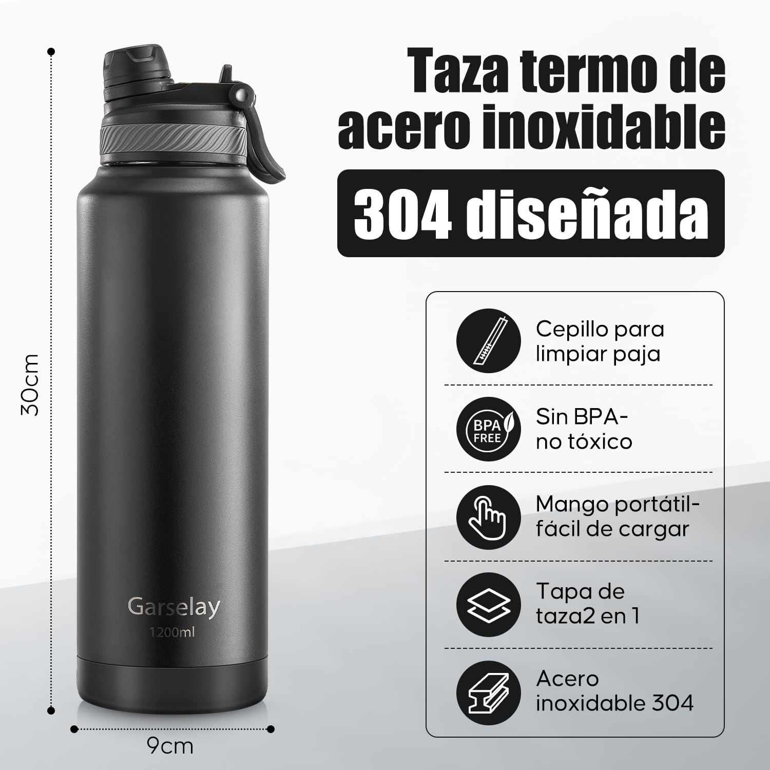 Botella Térmica de Acero Inoxidable 1200ml-Termo para Agua Fría con Tapa de Taza y Asa Portátil, Doble Aislamiento 24 Horas Frío, Sellado Hermético, Diseño Antigoteo para Deportes (Negro,1.2 Litros)