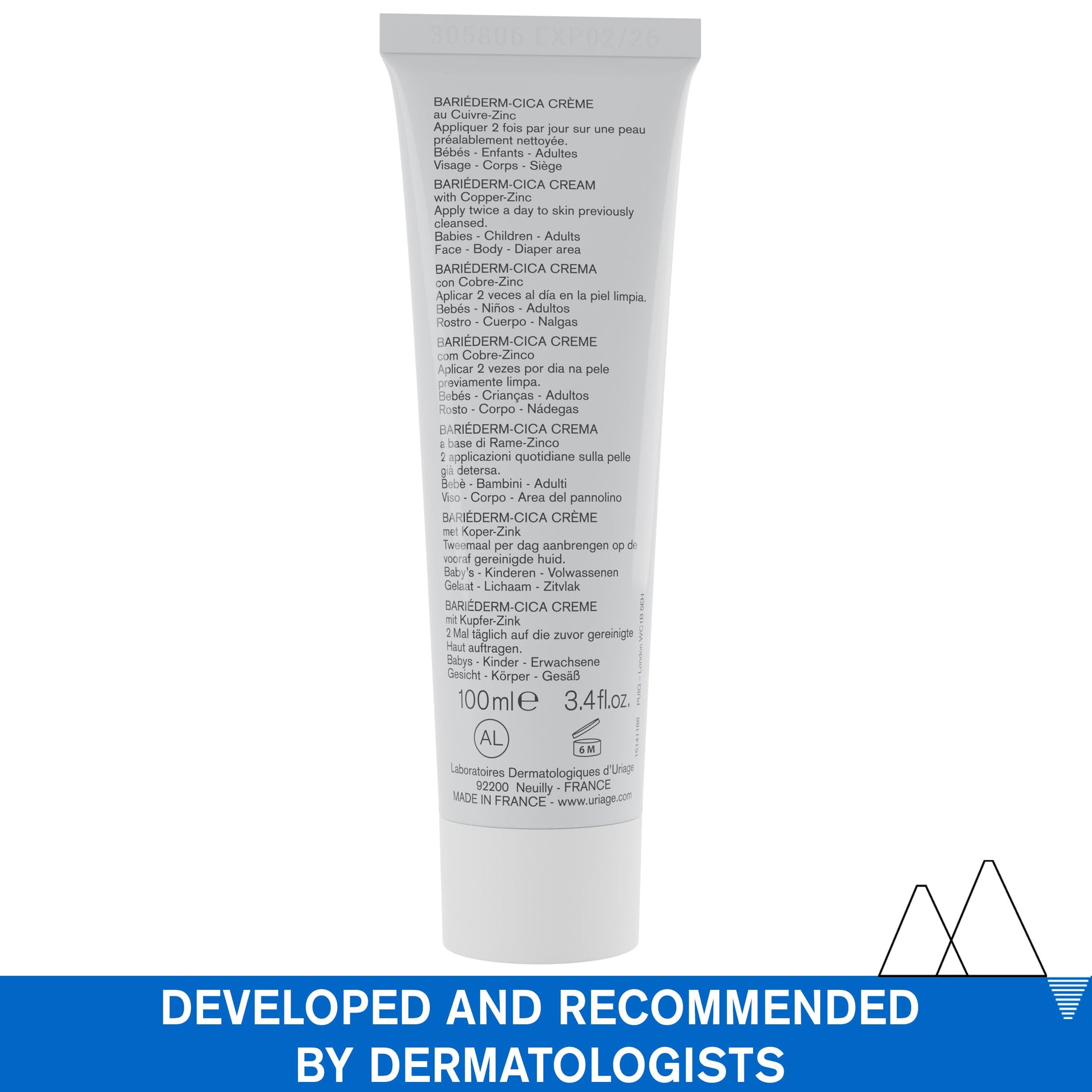 Uriage Bariederm-Cica Crema reparadora dermatológica multiusos 100ml - (pequeños cortes, quemaduras) para pieles dañadas con COBRE-ZINC y D-PANTENOL I Mejora la reparación de la piel. Para toda la familia I Sin perfume