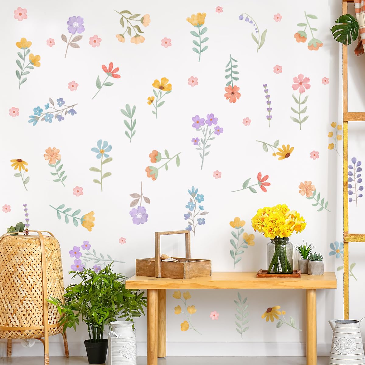 Calcomanías de pared de flores de acuarela bohemias – arte de flores silvestres extraíbles para recámara de niñas, cuarto de niños, decoración de murales de vinilo