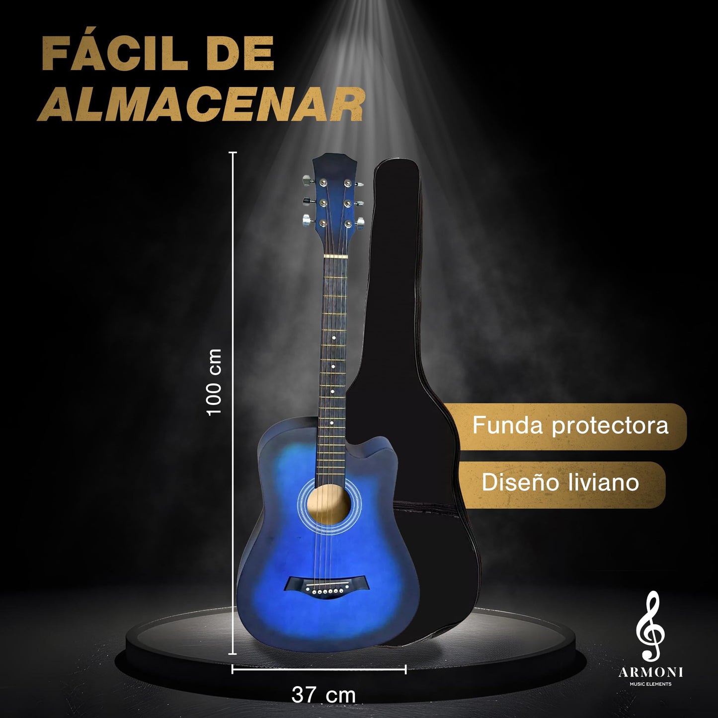 Guitarra Acústica Curva Armoni 4/4 con Accesorios Completos | Guitarra Azul - Cuello de Abeto, Cuerdas de Nailon, Funda, Púas y Más