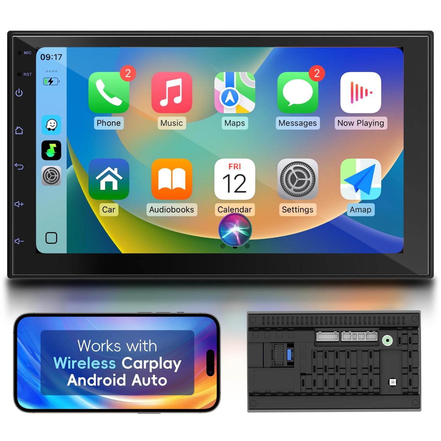 Haudio Estéreo de coche doble DIN de 7 pulgadas con Apple CarPlay y Android Auto, visualización táctil de radio de coche con Bluetooth 4.1, enlace espejo, navegación GPS, WiFi, control de voz, 2+32 GB