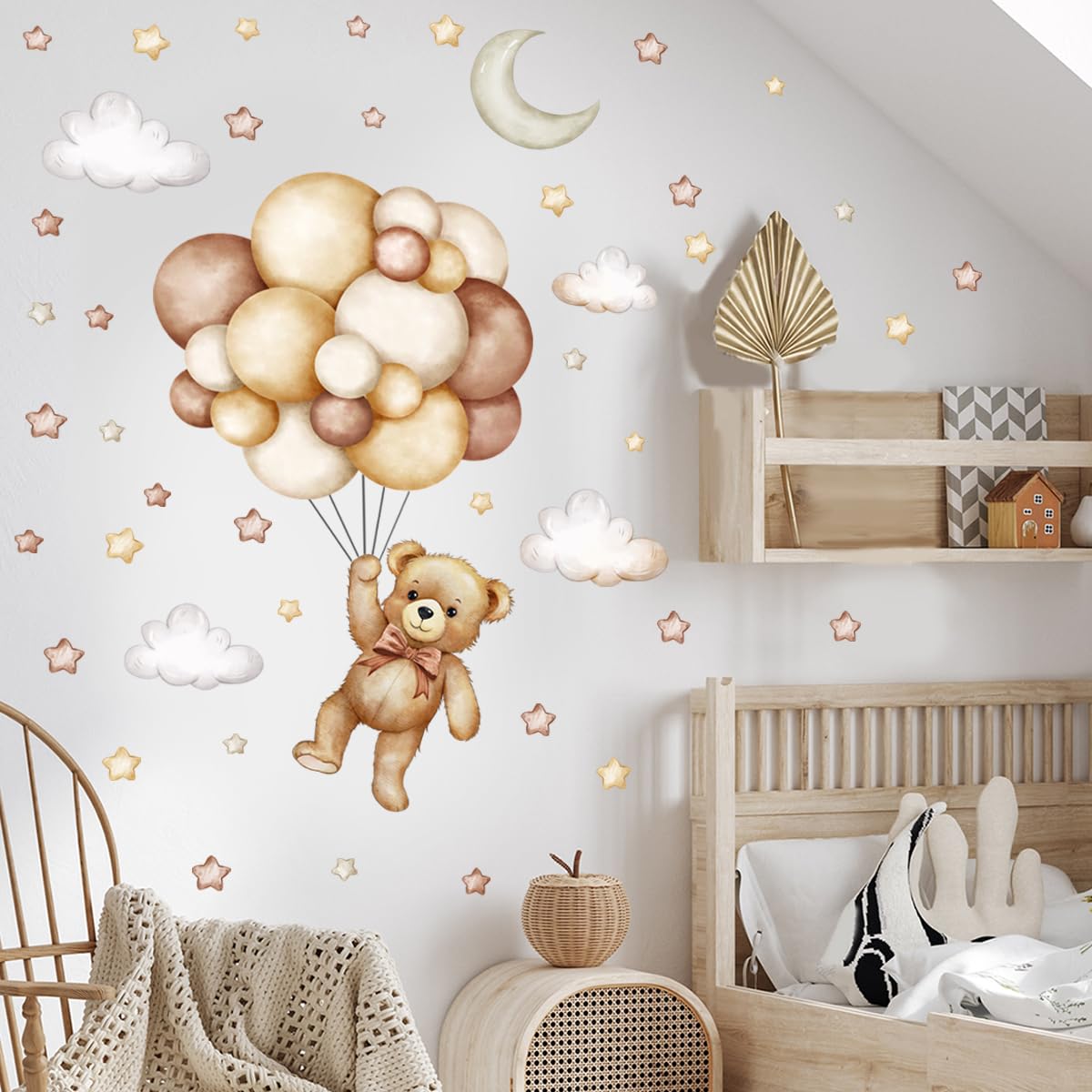 Calcomanías de pared de oso de peluche, globos de aire, estrella, luna, nube, pegatinas de pared para habitación de niños, niñas y niños, habitación de bebé, decoración de cuarto de bebé (calcomanía
