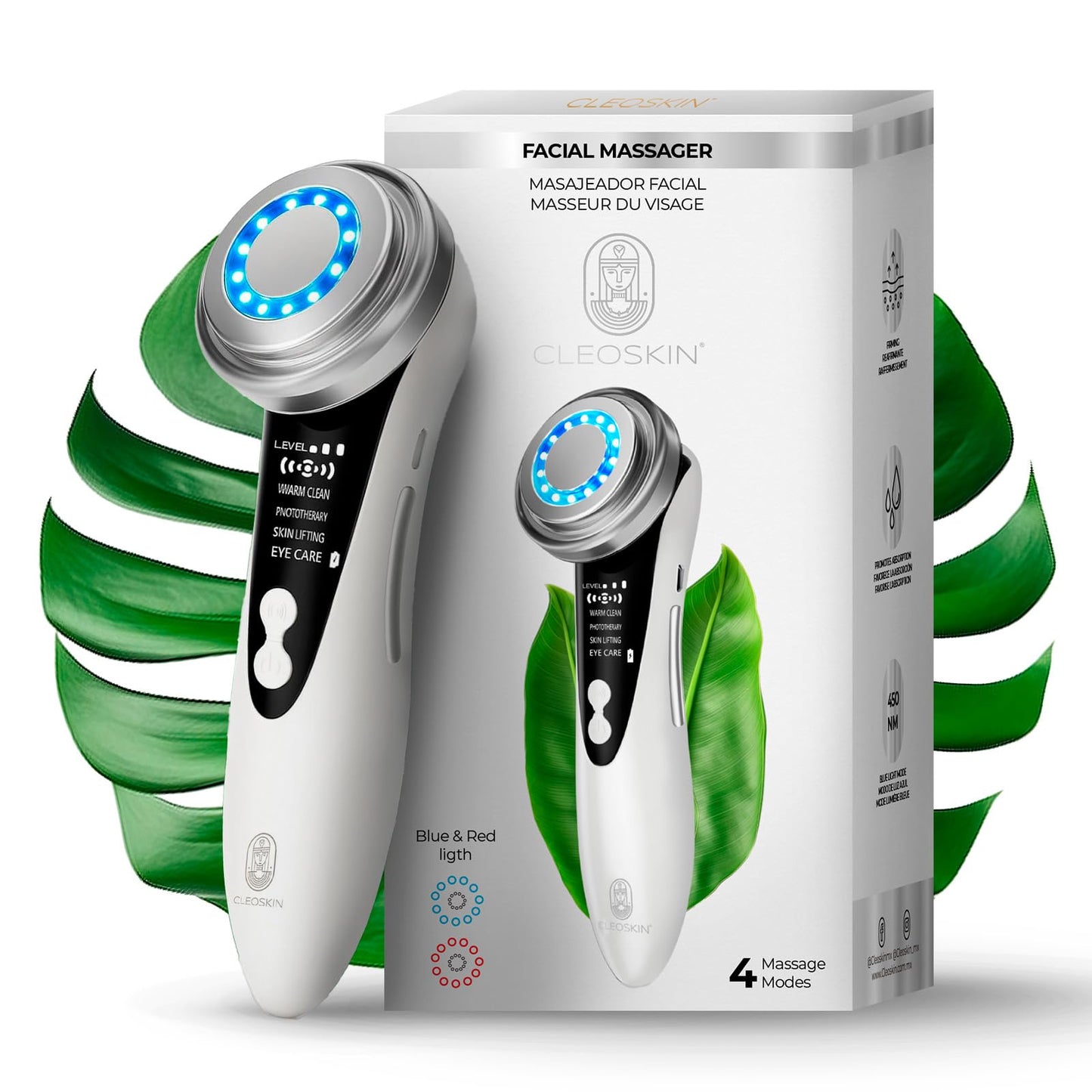 CLEOSKIN Masajeador Facial de Fototerapia Roja y Azul, warm clean, lifting facial y cuidado de ojos. Dispositivo de belleza antiarrugas