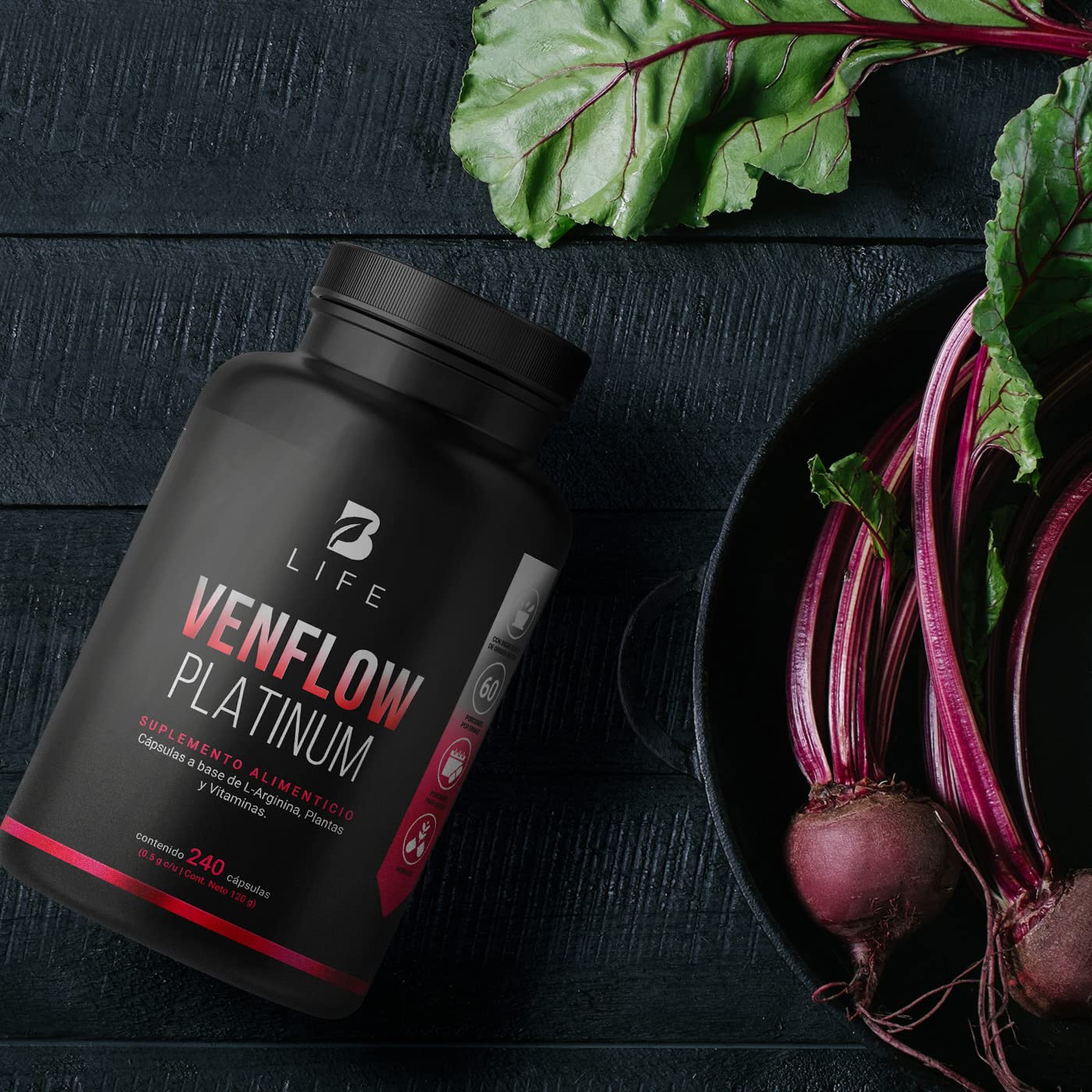 L-Arginina, Resveratrol, Ajo negro, Jengibre y Vitaminas. 240 cápsulas. Ingredientes naturales. Venflow Platinum B Life.