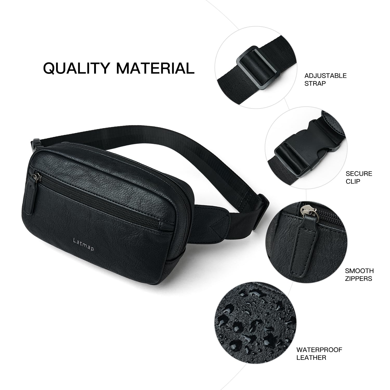 LATMAP - Riñonera de 2 L para todas partes, pequeña y a la moda, bandolera de piel sintética, impermeable, para mujer, a la moda, Negro -, Pequeño, Moda casual