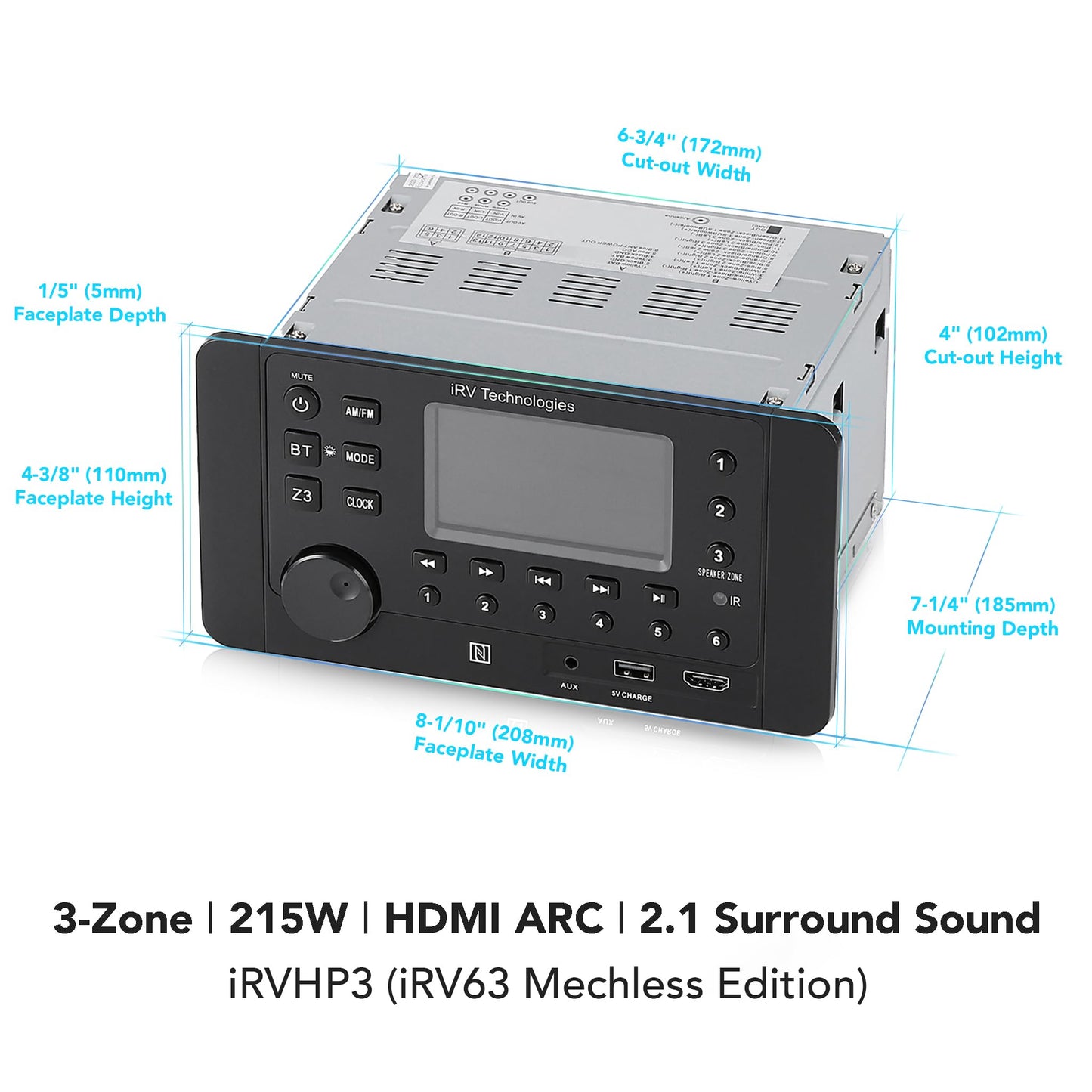 IRV Technology Mechless Wallmount RV estéreo 3 Zonas con Bluetooth HDMI ARC, Control de aplicación, Am/FM/App, NFC, Carga USB, Sonido Envolvente Digital, Reloj, Soporte CEC (3 Zonas + 7 Altavoces)