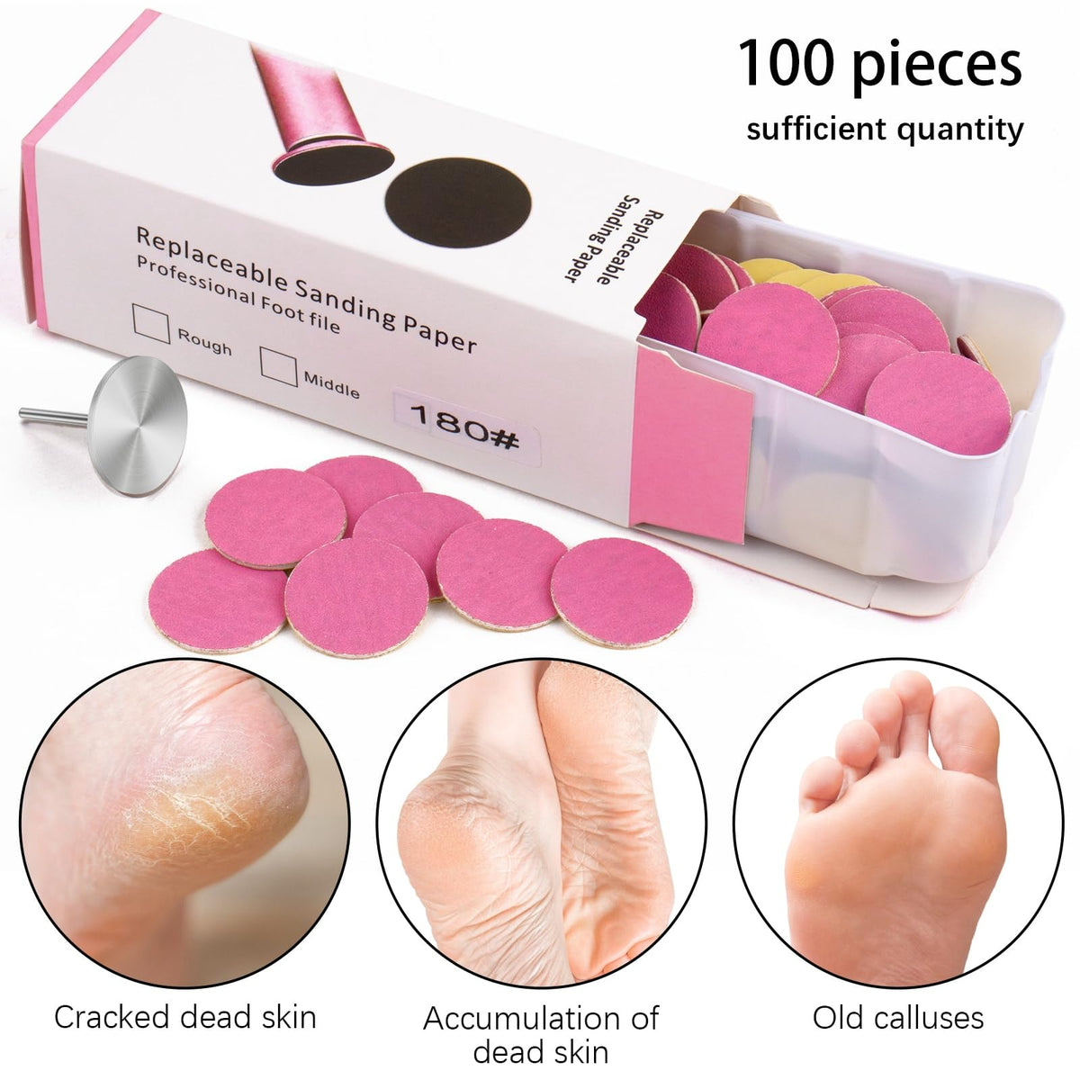 Difenni - Disco de lija con broca de metal para uñas, disco de lija de pedicura, 100 discos de papel de lija de 25 mm, grano #180 para pedicura (rosa)