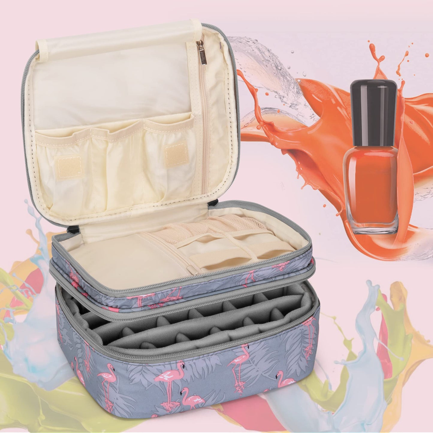 Luxja Nail Polish Carrying Case - Holds 30 Bottles (15ml - 0.5 fl.oz), Double-layer Organizer for Nail Polish and Manicure Set, Flamingo