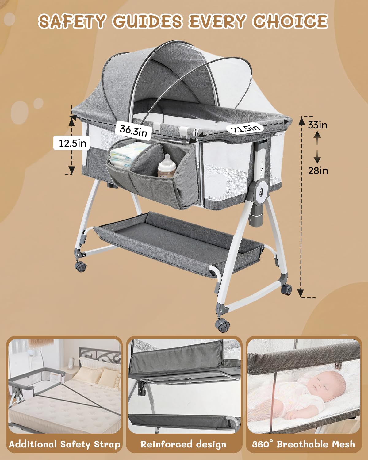 Leoavetole - Moisés de cama para bebé, cuna 4 en 1 con ruedas, cuna ajustable de 6 altura con malla transpirable para recién nacidos y bebés (gris profundo)