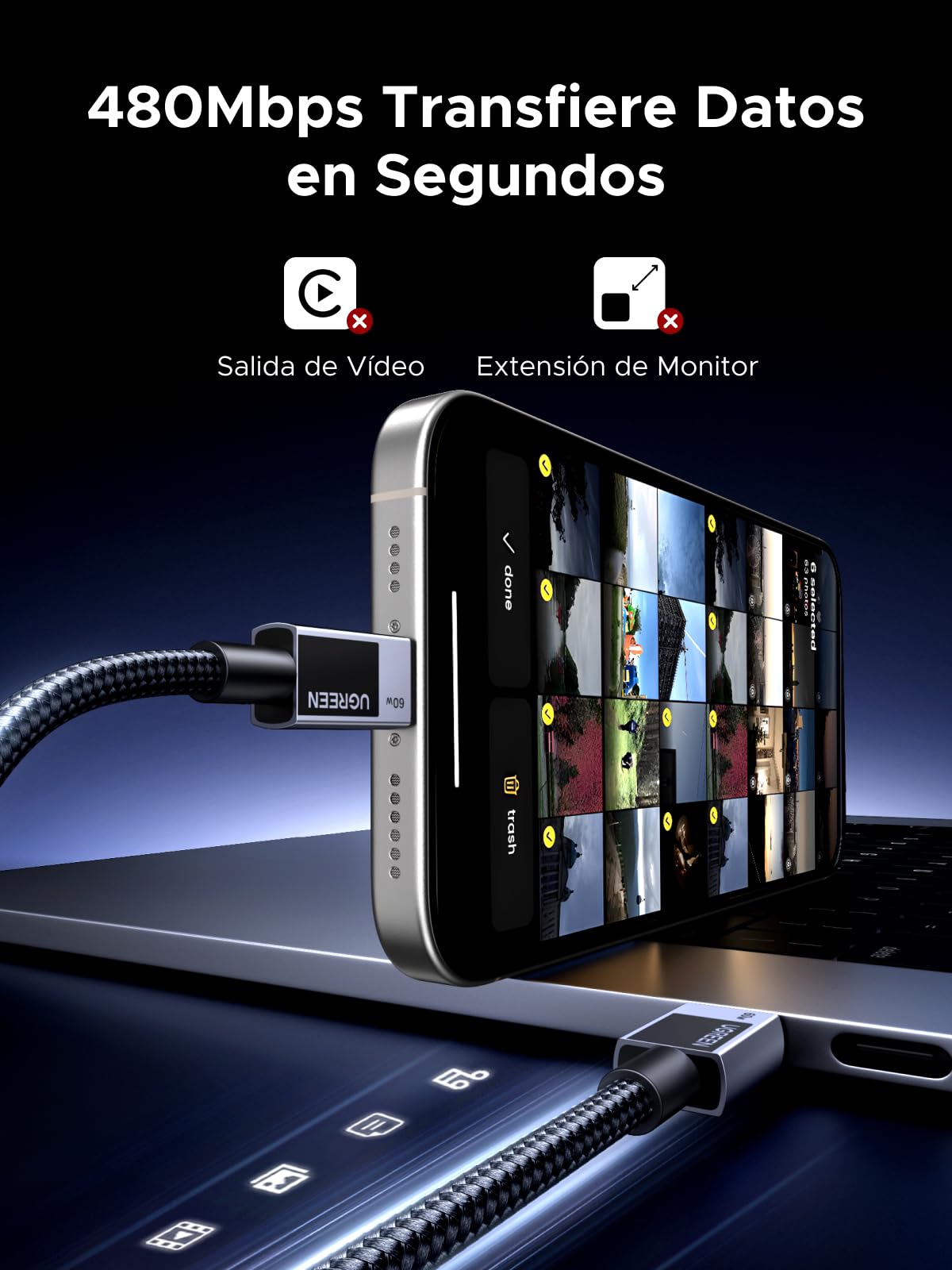 Cable USB C a C UGREEN 2M 60W Rápido Negro