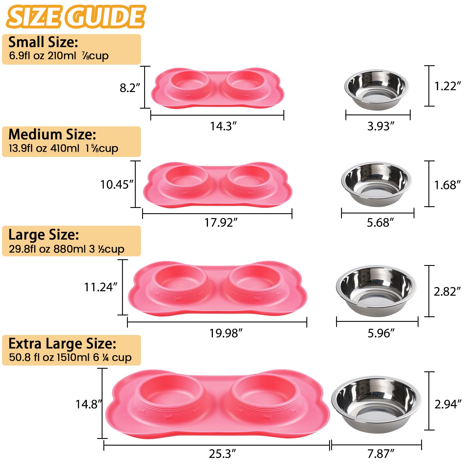 Hubulk Pet Dog Bowls 2 Stainless Steel Dog Bowl with No Spill Non-Skid Silicone Mat + Pet Food Scoop Feeder Bowls for Feeding Dogs Cats Puppies Small Medium (S, Pink)