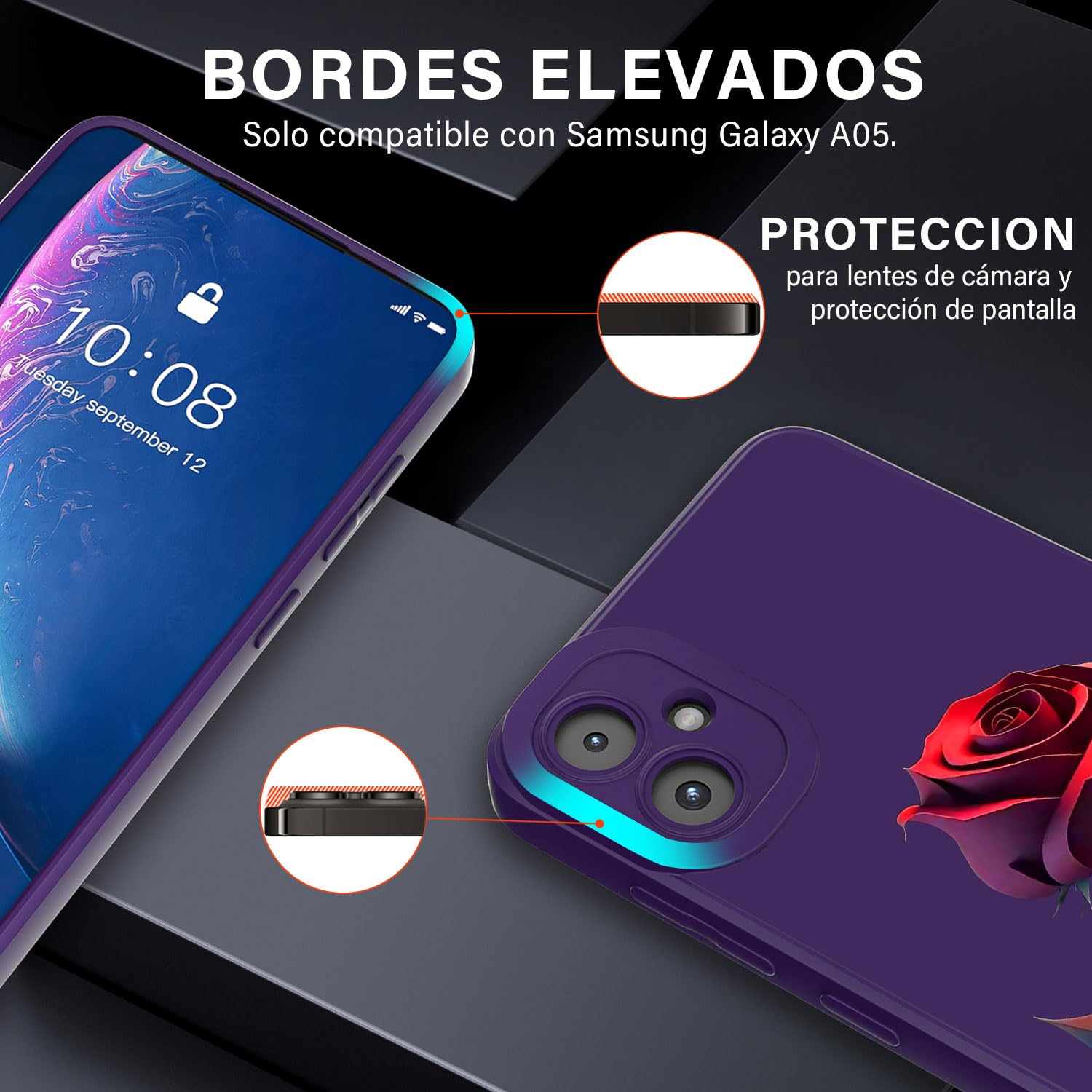 Threehao Funda para Samsung Galaxy A05 y M05 Case Uso Rudo, Ultra Delgado Flexible Silicona Púrpura Carcasa con Aesthetic Dibujos Flores, Antigolpes Anti-arañazos Protectora