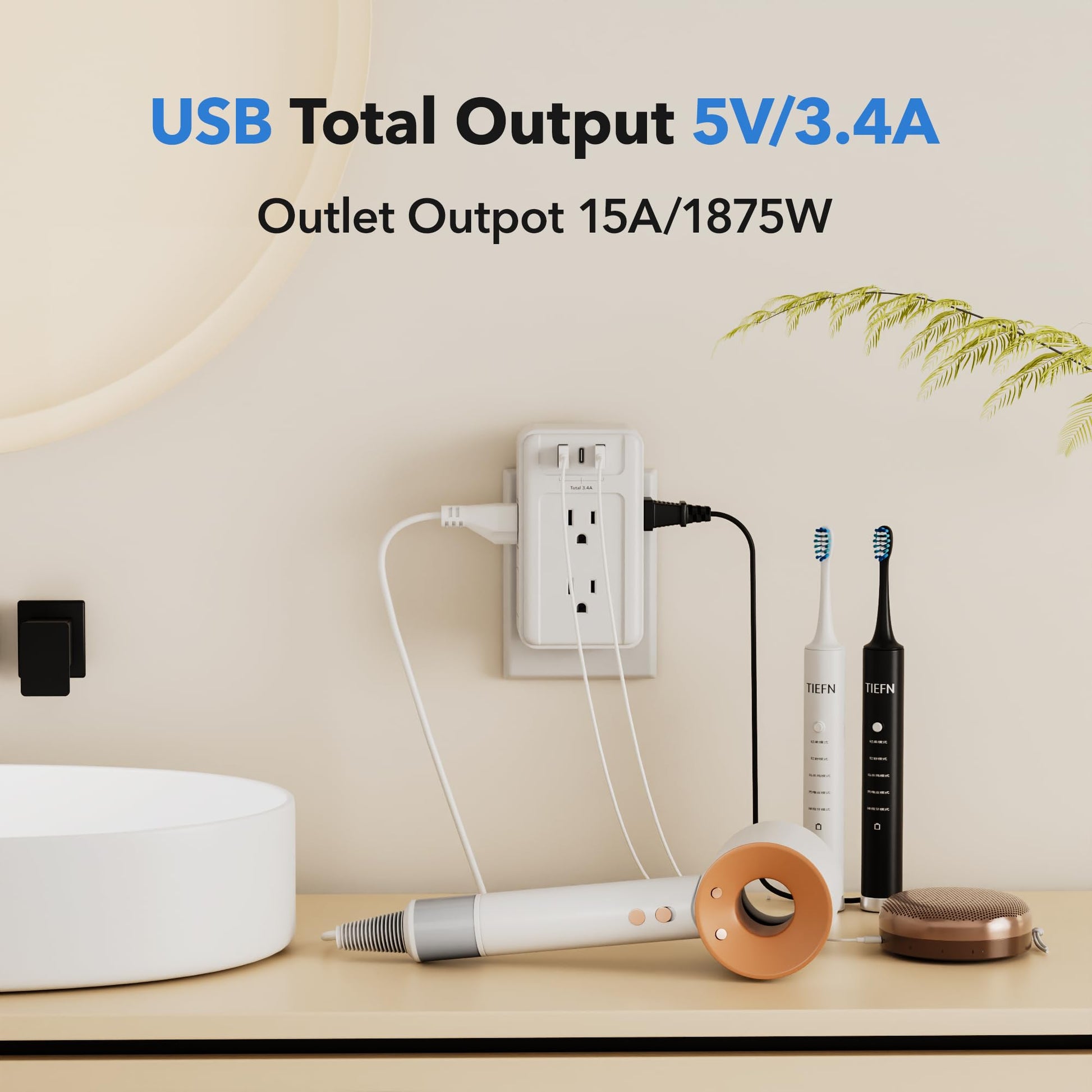 BN-LINK - Extensor de enchufe múltiple de 6 salidas de pared con 3 puertos de carga USB (1 USB C) Total 3.4A, divisor de 3 lados, enchufe de pared múltiple para hogar, oficina, recámara