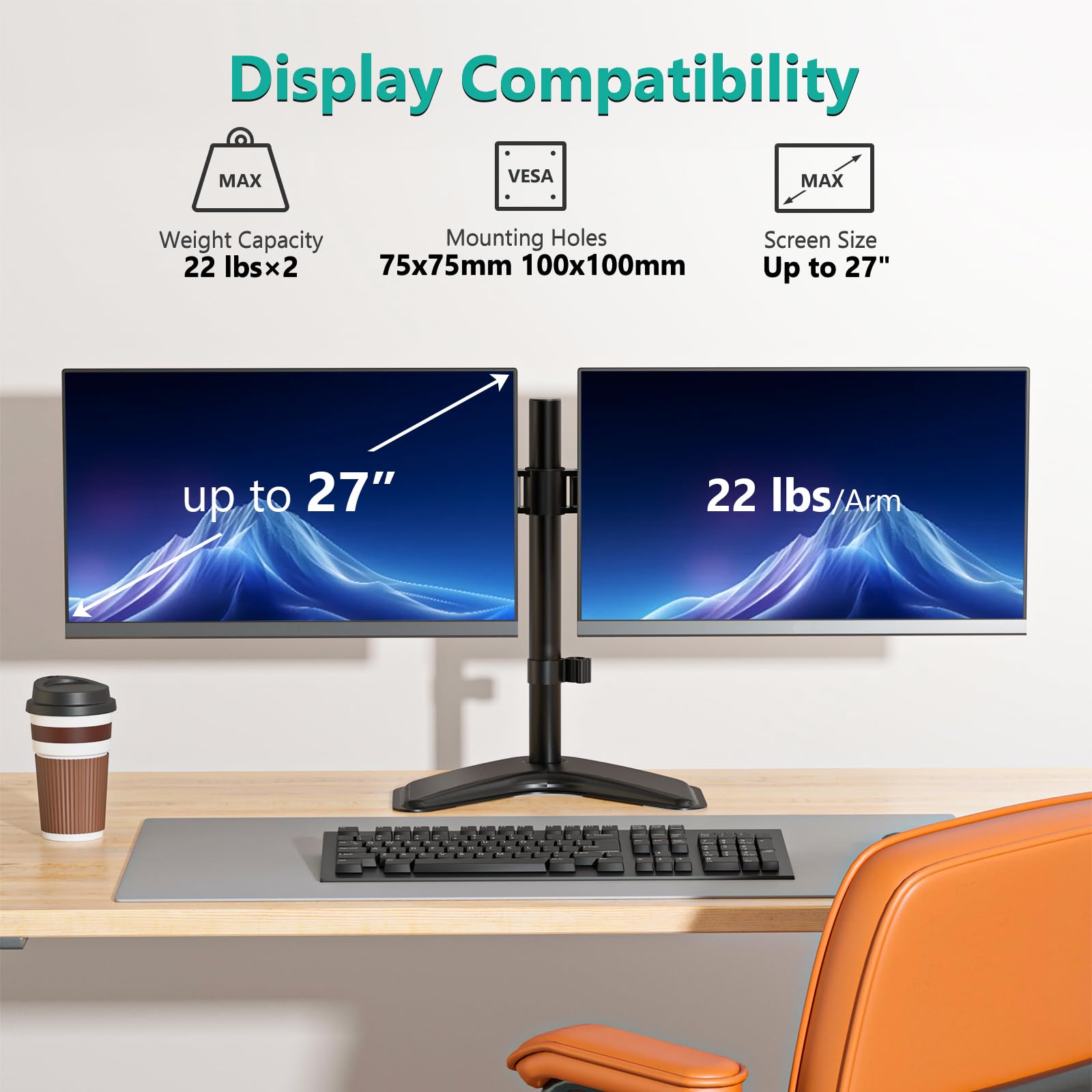 Soporte Doble Monitores WALI Negro con Ajuste de Altura para Escritorio