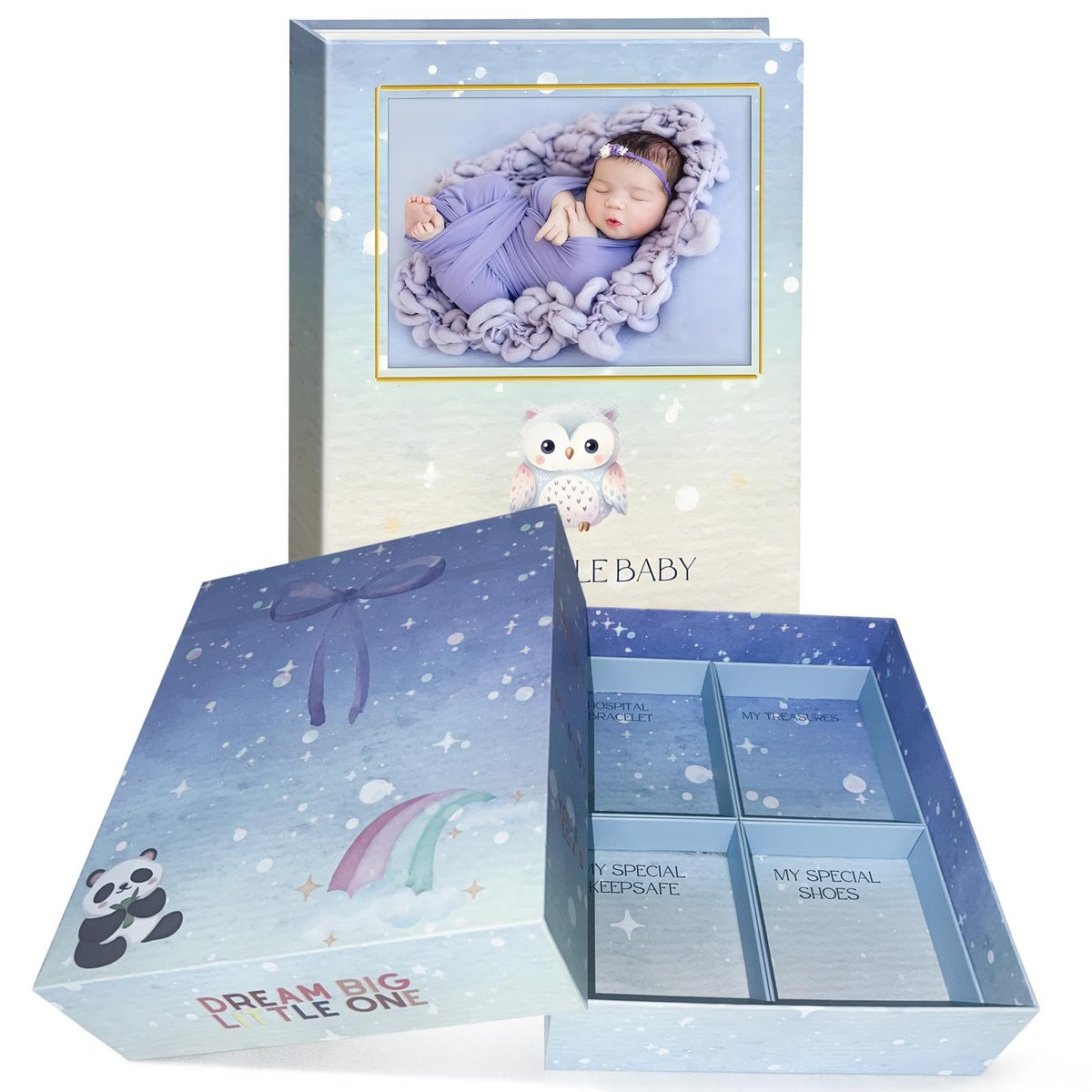 Caja de Recuerdos para Bebé Neutro con Álbum de Fotos para Personalizar Nombre