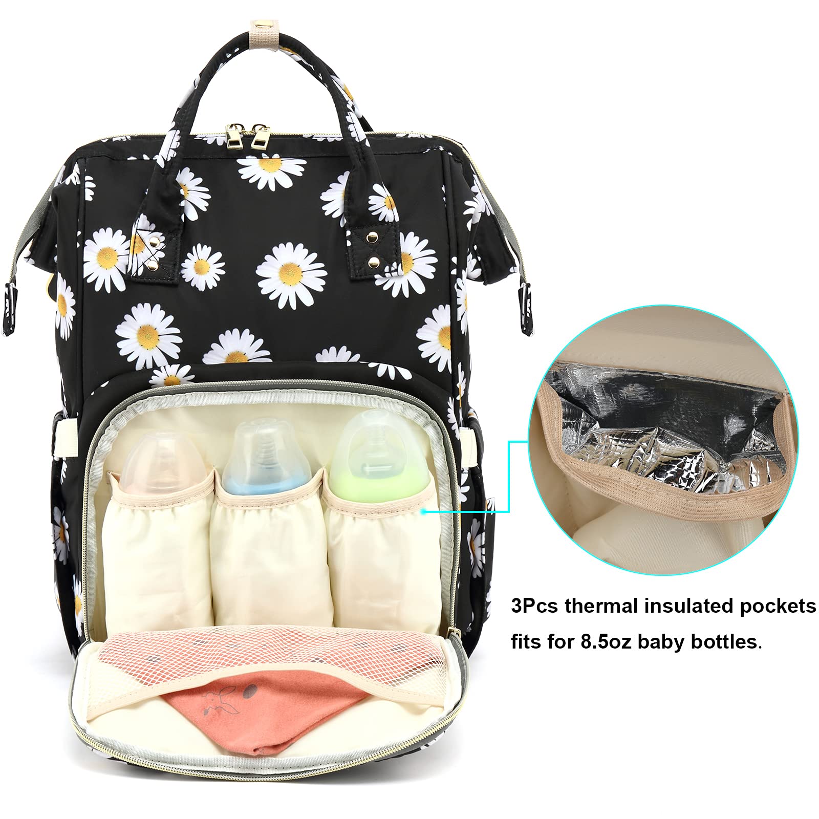 Mochila floral para pañales para bebés, niñas y niños, Yusudan Flowers Mom Pañales para mujeres (margarita negra)