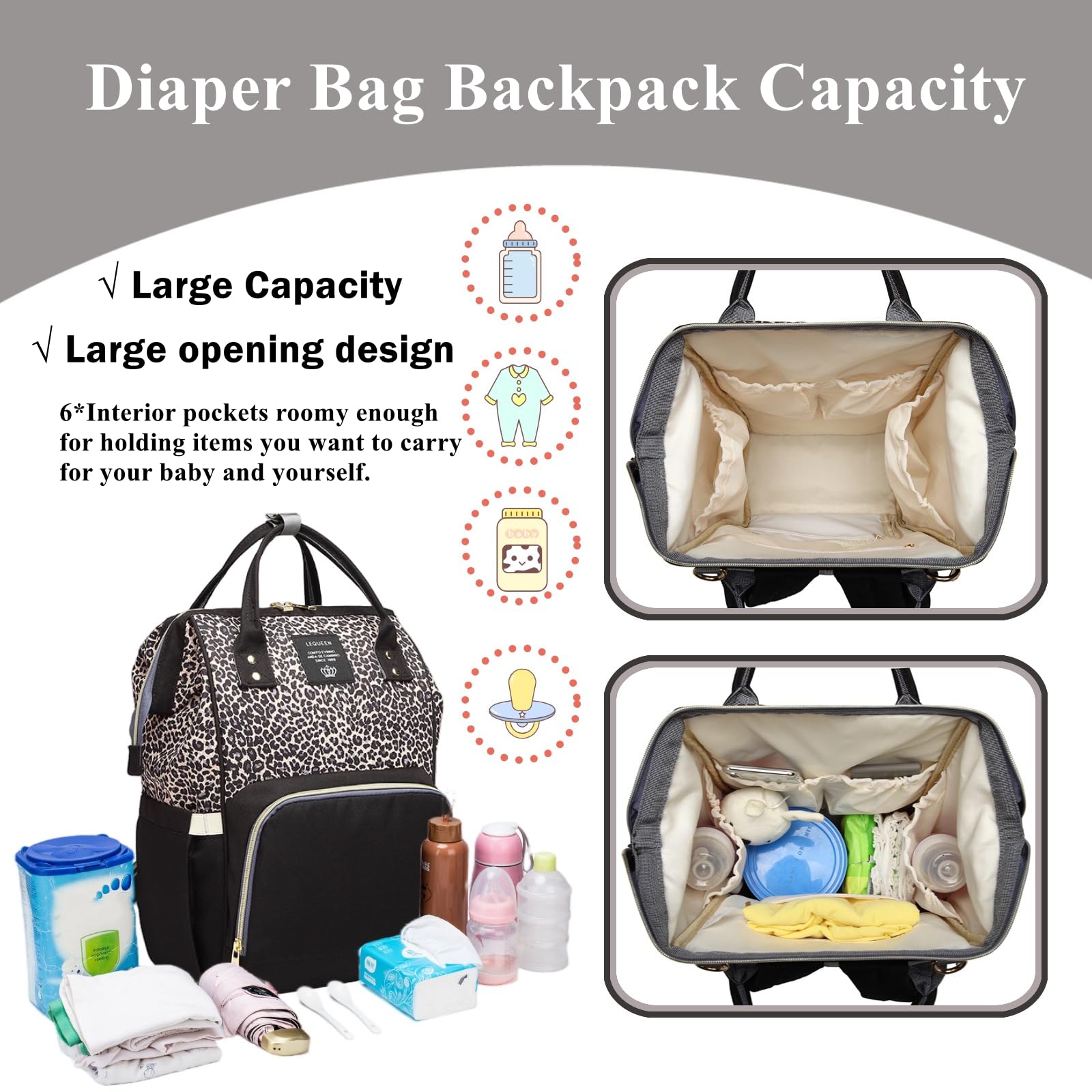 Bolsas de pañales con estampado de leopardo, multifuncional, bolsa de pañales para cuidado del bebé, mochila de viaje, gran capacidad, café