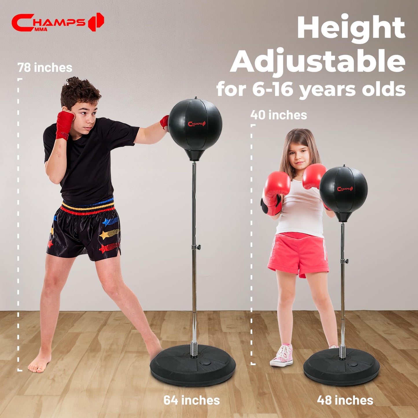 Champs MMA - Bolsa de Boxeo para niños, para niños de 6 a 16 años, Bolsa de Boxeo para niños con Soporte y Guantes, Equipo de Ejercicio para Agilidad, Kit de Entrenamiento de coordinación Ojo-Mano
