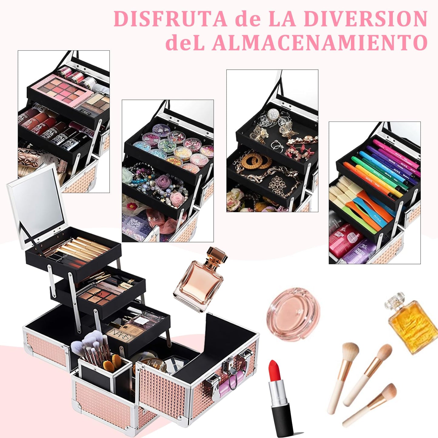 SIJEW Estuche de Tren de Maquillaje, Caja de Viaje Para Cosméticos, Caja Organizadora de Maquillaje con Espejo, 3 Bandejas, Oro Rosa, Organizador de Joyas Con Cerradura Portátil (Negro)