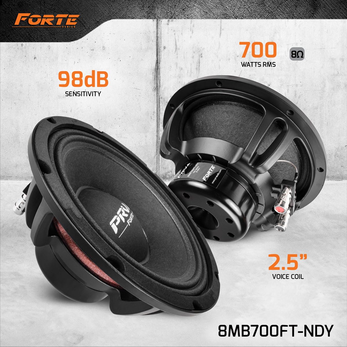 PRV AUDIO - Altavoz de Bajo Medio de 8 Pulgadas 8MB700FT-NDY 8 Ohmios Altavoz de Neodimio con 700 Vatios de Potencia RMS, Audio Profesional de Alta Excursión Neo Bajo Medio (Simple), Color Negro