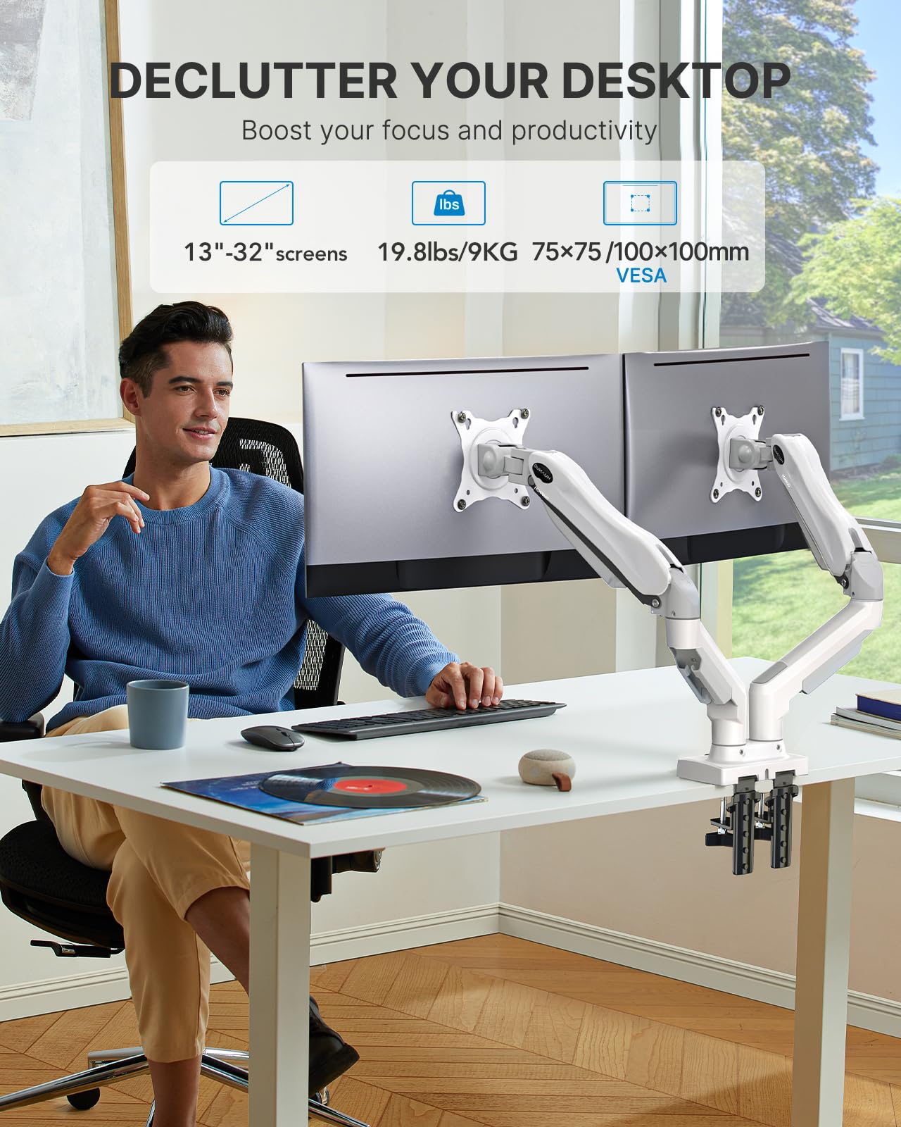 HUANUO Soporte Doble Monitor, Brazo para Monitor Totalmente Ajustable, Montaje VESA con Abrazadera en C y Base de Ojal para Pantallas de 13 a 32 Pulgadas, Cada Brazo Soporta de 2 a 9 KG-Blanco