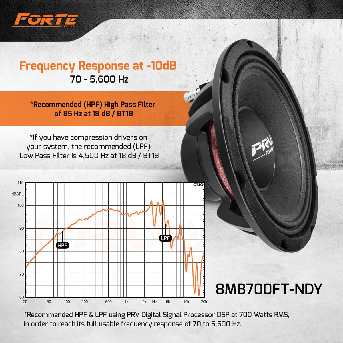PRV AUDIO - Altavoz de Bajo Medio de 8 Pulgadas 8MB700FT-NDY 8 Ohmios Altavoz de Neodimio con 700 Vatios de Potencia RMS, Audio Profesional de Alta Excursión Neo Bajo Medio (Simple), Color Negro