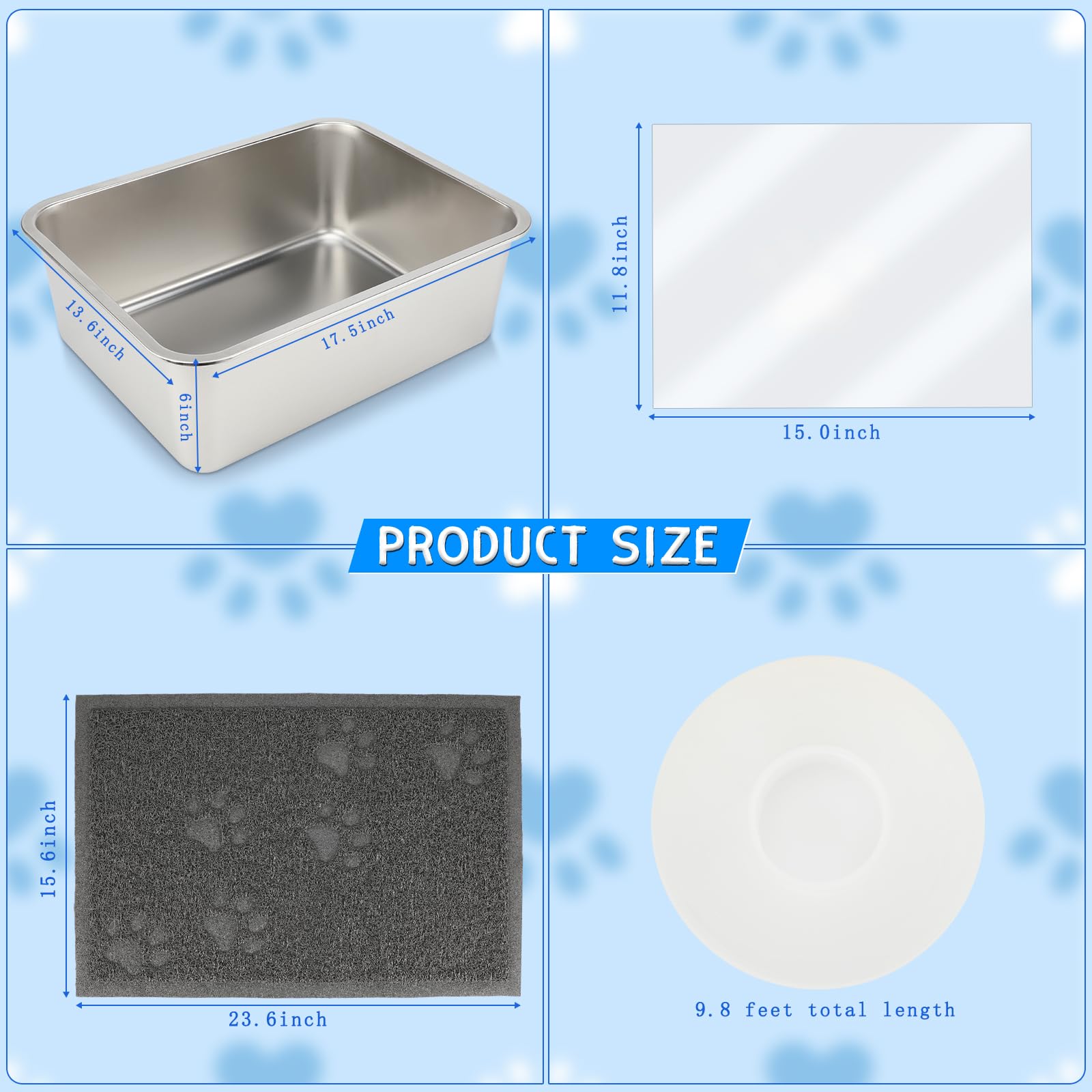 Juego de Cajas de Arena de Acero Inoxidable YUEPET Plata con Lados Altos y Control de Olores para Gatos