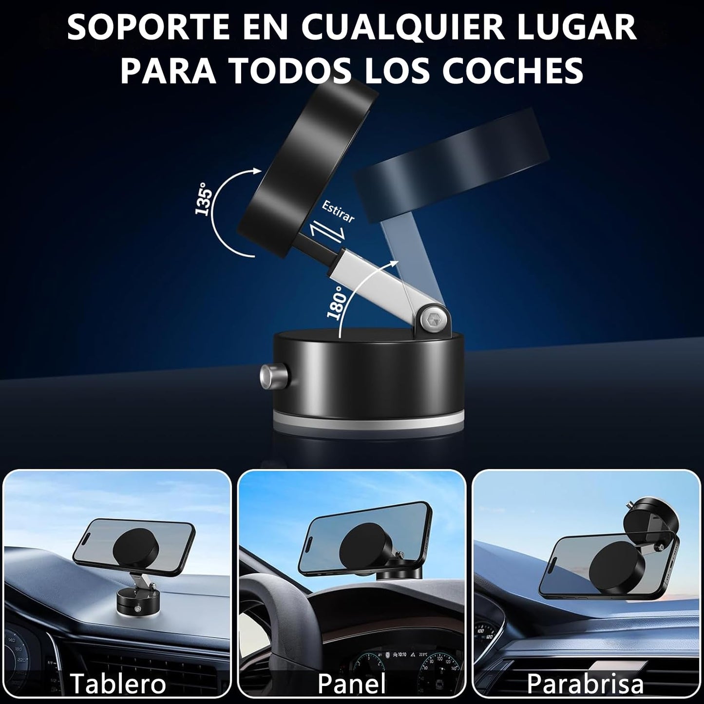 Soporte para Celular Vacuum Magnetic Negro de Rotación 360 Grados, Plegable y Retráctil para Todo Tipo de Superficie