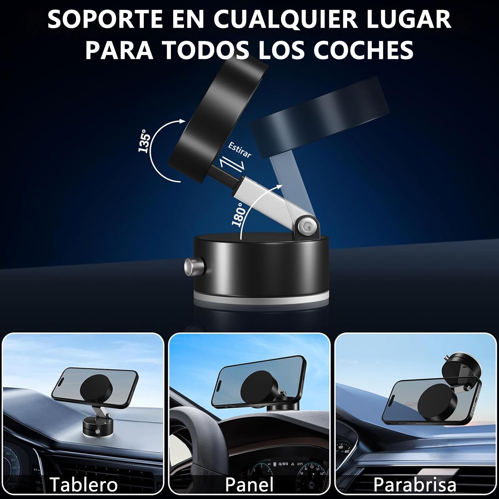 Soporte para Celular Vacuum Magnetic Negro de Rotación 360 Grados, Plegable y Retráctil para Todo Tipo de Superficie