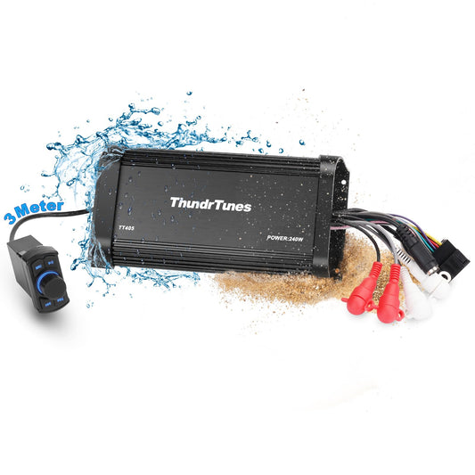 Amplificador Marino Clase D Powersport Bluetooth Compacto de 60 W x 4 Canales con Control Remoto y Fácil Instalación