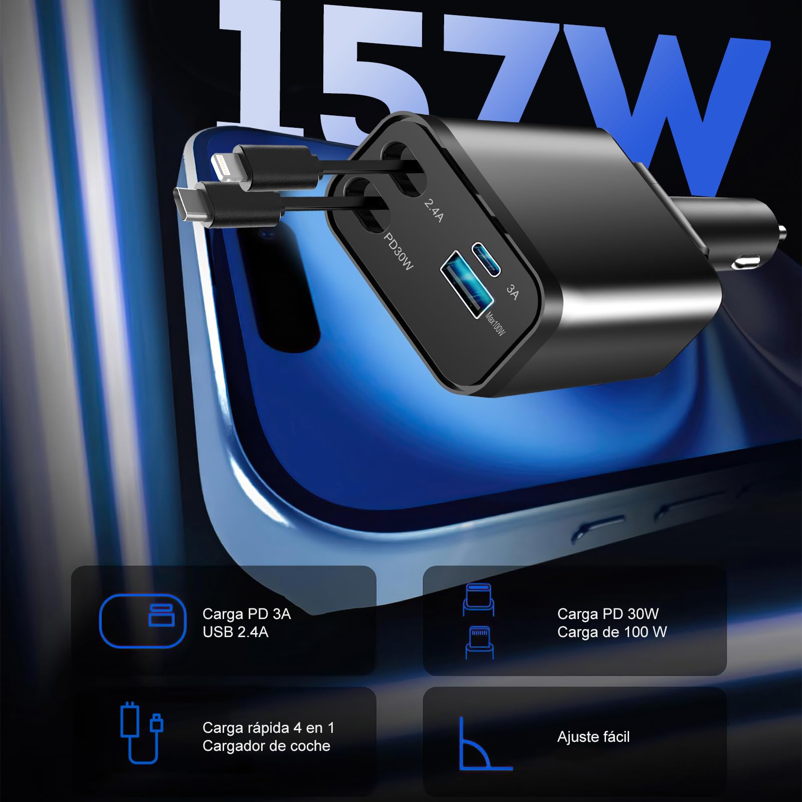 YCQYNHQ Cargador para Auto, Cargador USB C 4 en 1 de 100W+30W Carga Rápida, Cables retráctiles (80cm)y adaptador de cargador de coche de 2 puertos USB, Compatible con iPhone 16 15 14 13,Galaxy, Xiaomi