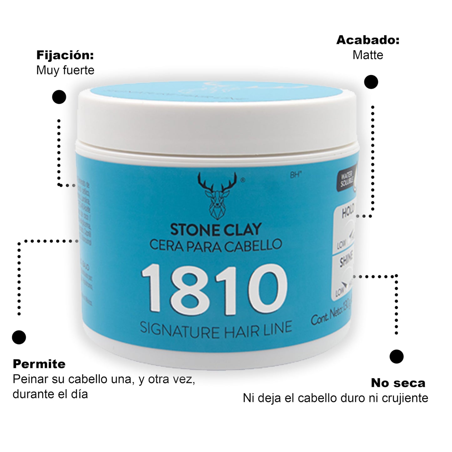 1810 STONE CLAY Pomade para Cabello (Nueva Imagen) - FIJACIÓN MUY ALTA - BRILLO NATURAL - Pomada para cabello Base Agua - Libre de Parabenos - Libre de Sulfatos - Cruelty Free - Hand Made - Very High Hold. Natural Shine Pomade - Efecto Cera sin Residuos -