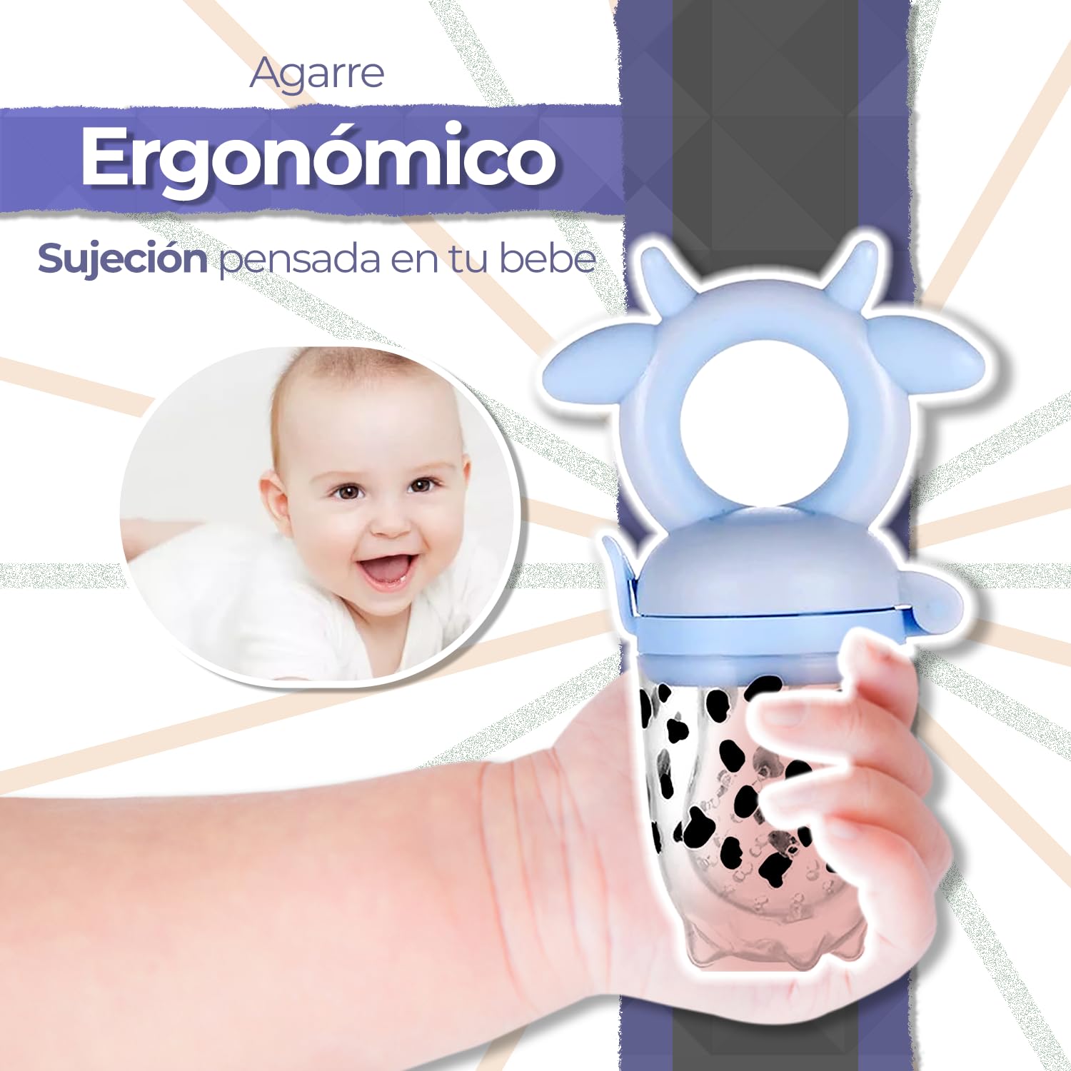 Chupón alimentador para frutas y papillas con seguro y tapa, 4 meses, dibujos animados (vaquita azul)