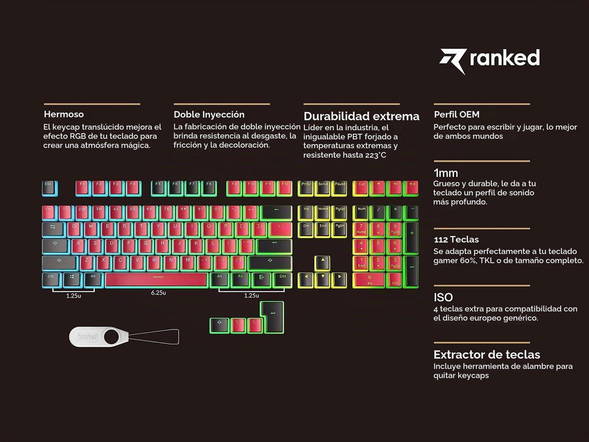 Teclas Pudding PBT Ranked Rojo y Negro Diseño Translúcido ANSI e ISO para Teclado Mecánico RGB