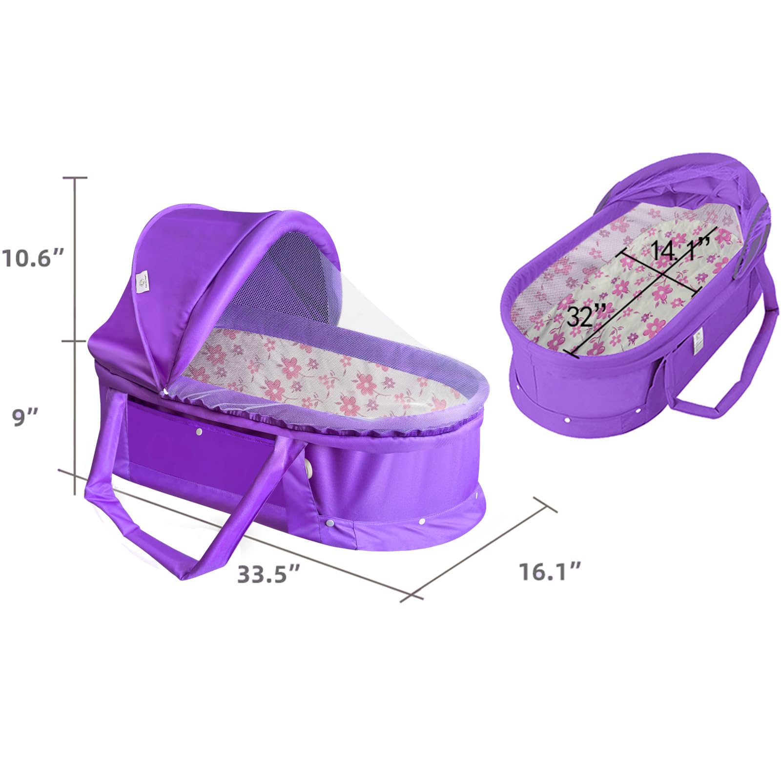 surebaby - Moisés de viaje para bebé, 2 en 1, cuna de viaje portátil plegable con cubierta para sombrilla, (morado)