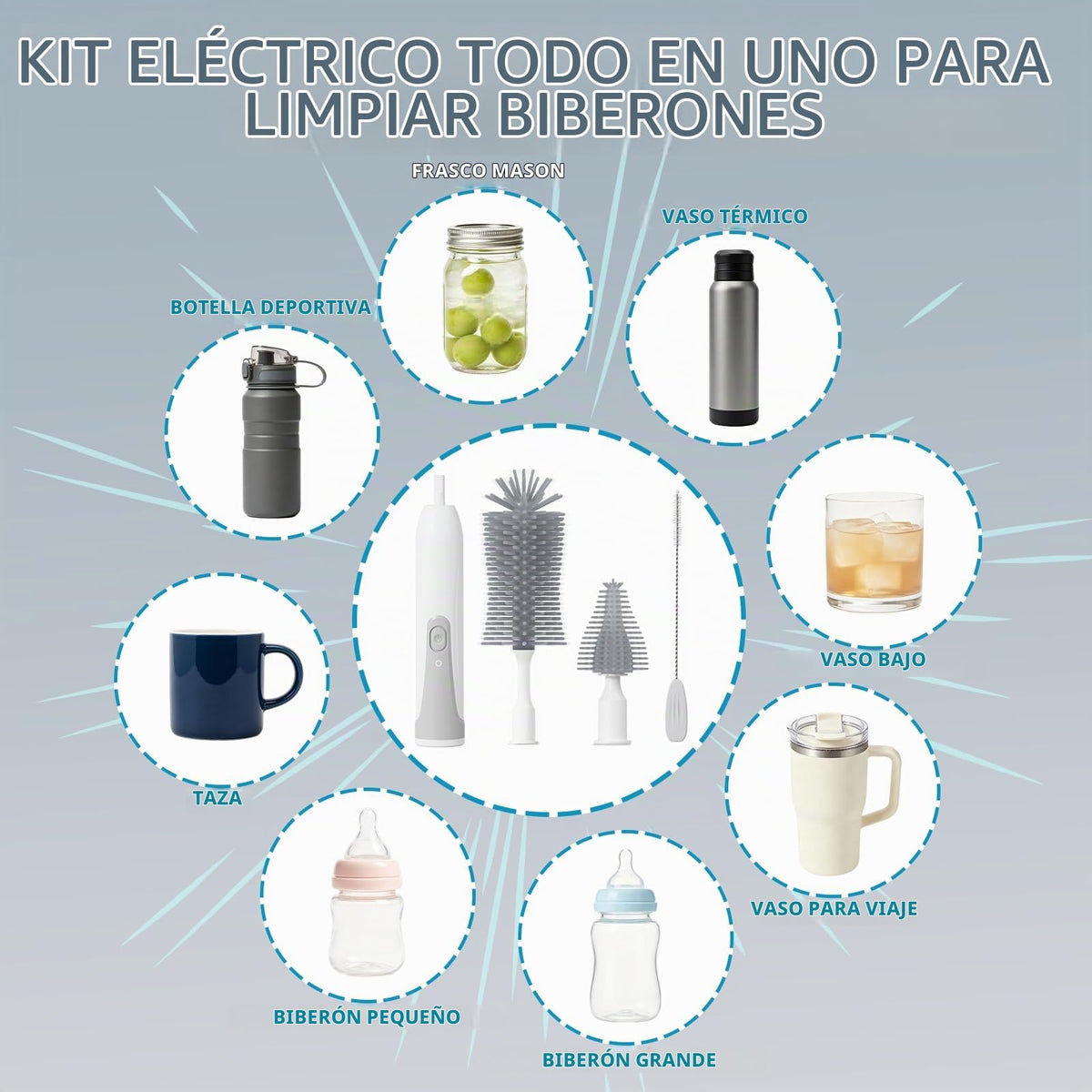 Limpiador de cepillo para polvo eléctrico para botellas con caja de