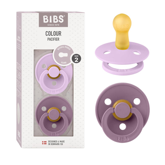 BIBS Chupones Colour Pack de 2, Tetina redonda de látex natural, Talle 2, Color Violet Sky/Mauve, 6 a 18 meses, Hecho en Dinamarca