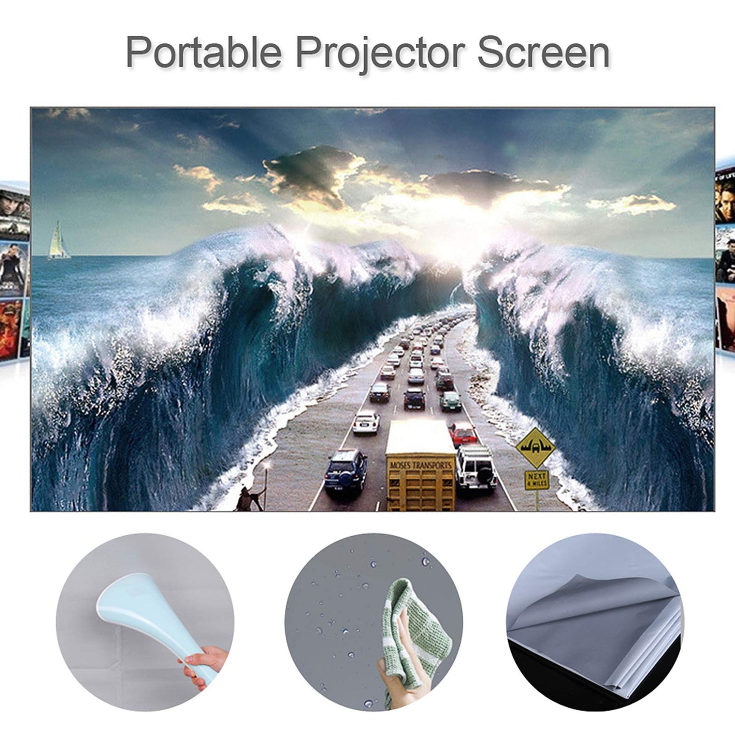 visualización de proyector portátil de 60 pulgadas HD 16:9 sin marco, visualización de proyección de video plegable montada en la pared para cine en casa y películas de oficina