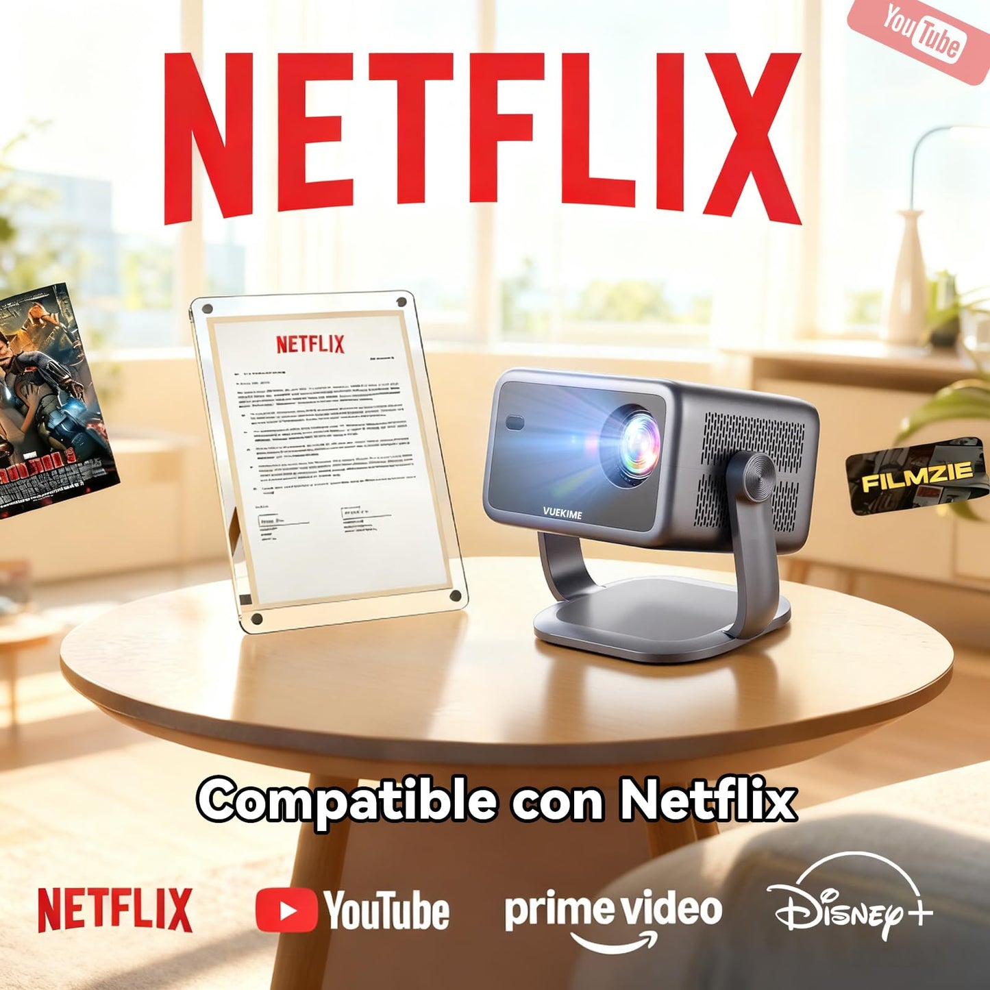 VUEKIME 2026 Proyector Portátil con Android 13, Proyector 4K Soporte y 1080P Nativo con WiFi 6 y Bluetooth 5.2, 500 ANSI, Auto Enfoque/Keystone, Rotación 270°