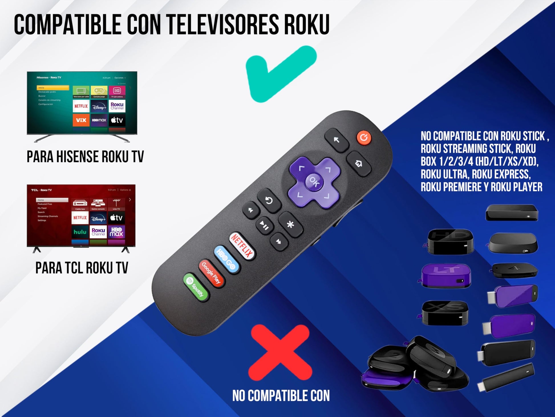 Control Remoto Compatible con Roku TV TCL Smart TV