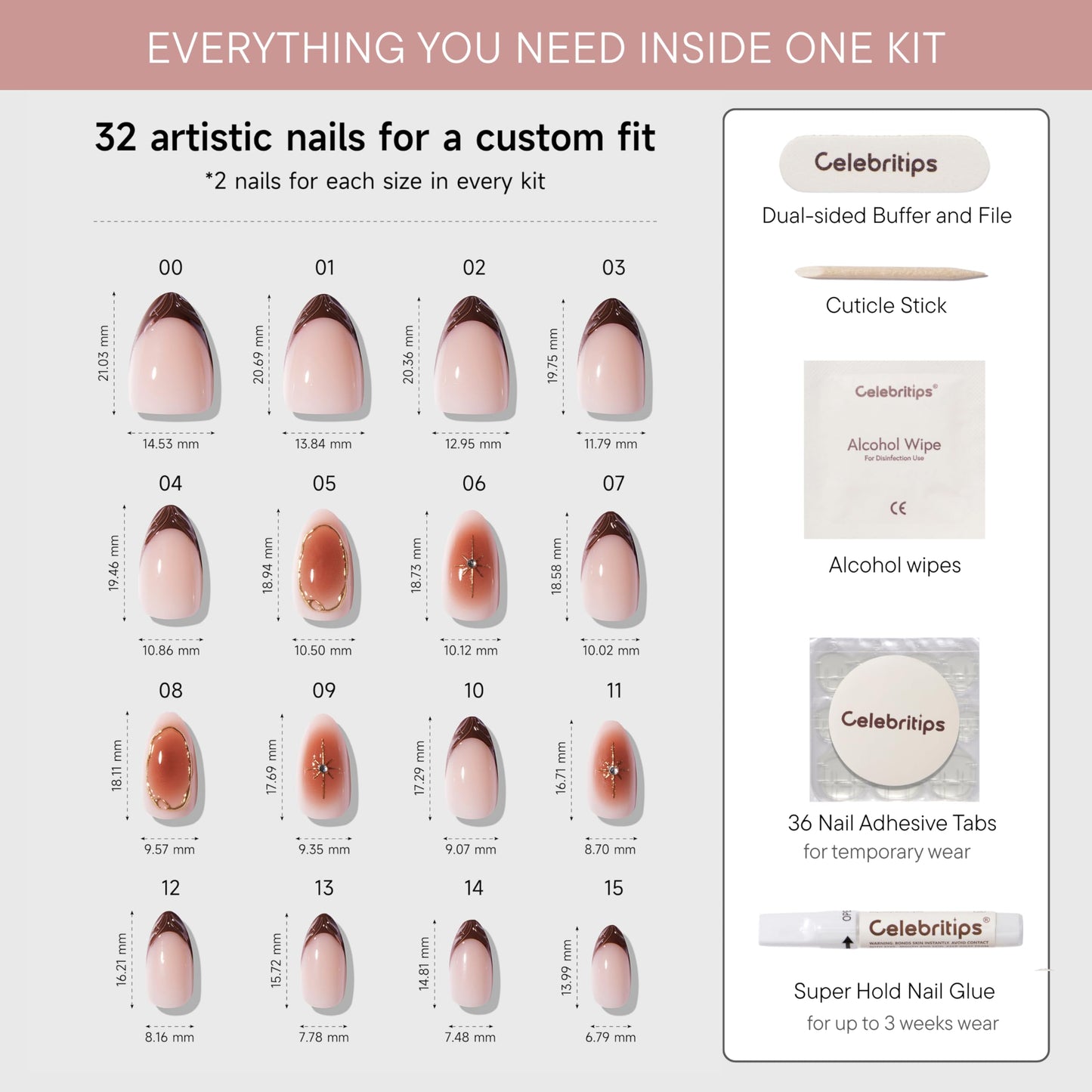 Celebritips Uñas Postizas Decorativas | Amber Muse, Uñas Cortas Almendradas, Reutilizables, Uñas De Otoño Con Calidad De Salón | 16 Tamaños - Kit De 32 Uñas Con Pegamento De Fijación Extra Fuerte Y Pe