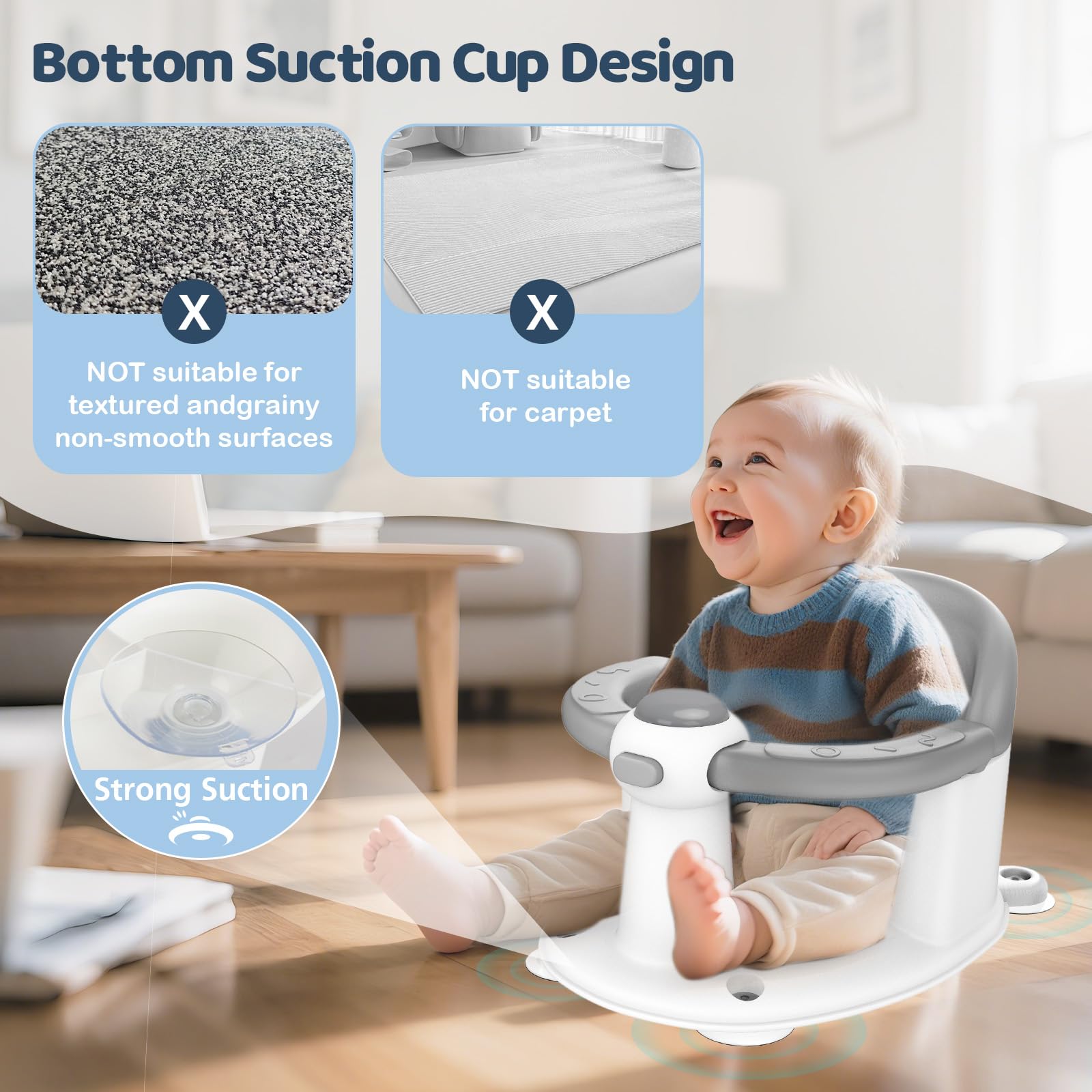 TOSGN - Asiento de baño de bebé para bebés de 6 meses en adelante, 3 juguetes de baño de bebé, asiento de baño antideslizante, soporte de baño seguro y cómodo, para tina/sala de estar, ducha, color