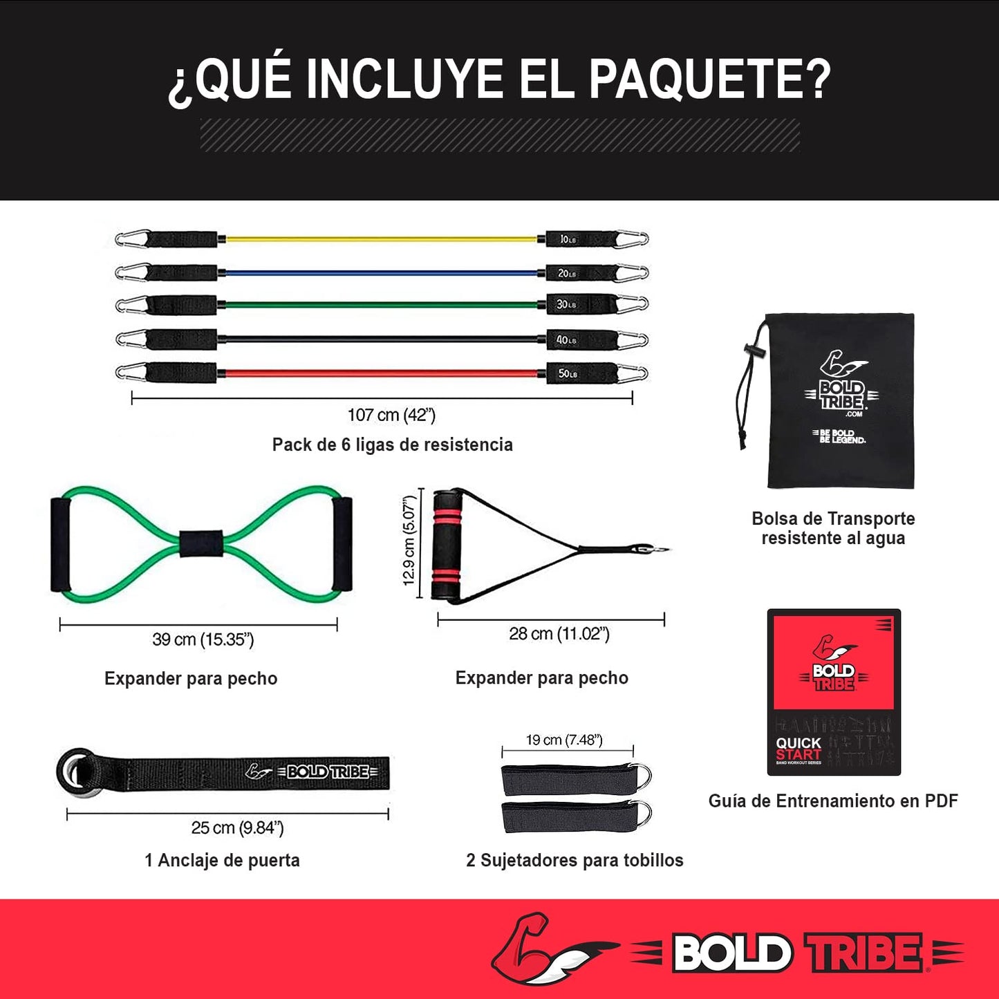 BOLD TRIBE Set Completo Tribe Pack con 14 Piezas - 6 Ligas de Resistencia Tubulares - 155 Lbs de Resistencia Combinada - Gym en Casa, Cross Training y Rehabilitación - Gimnasio