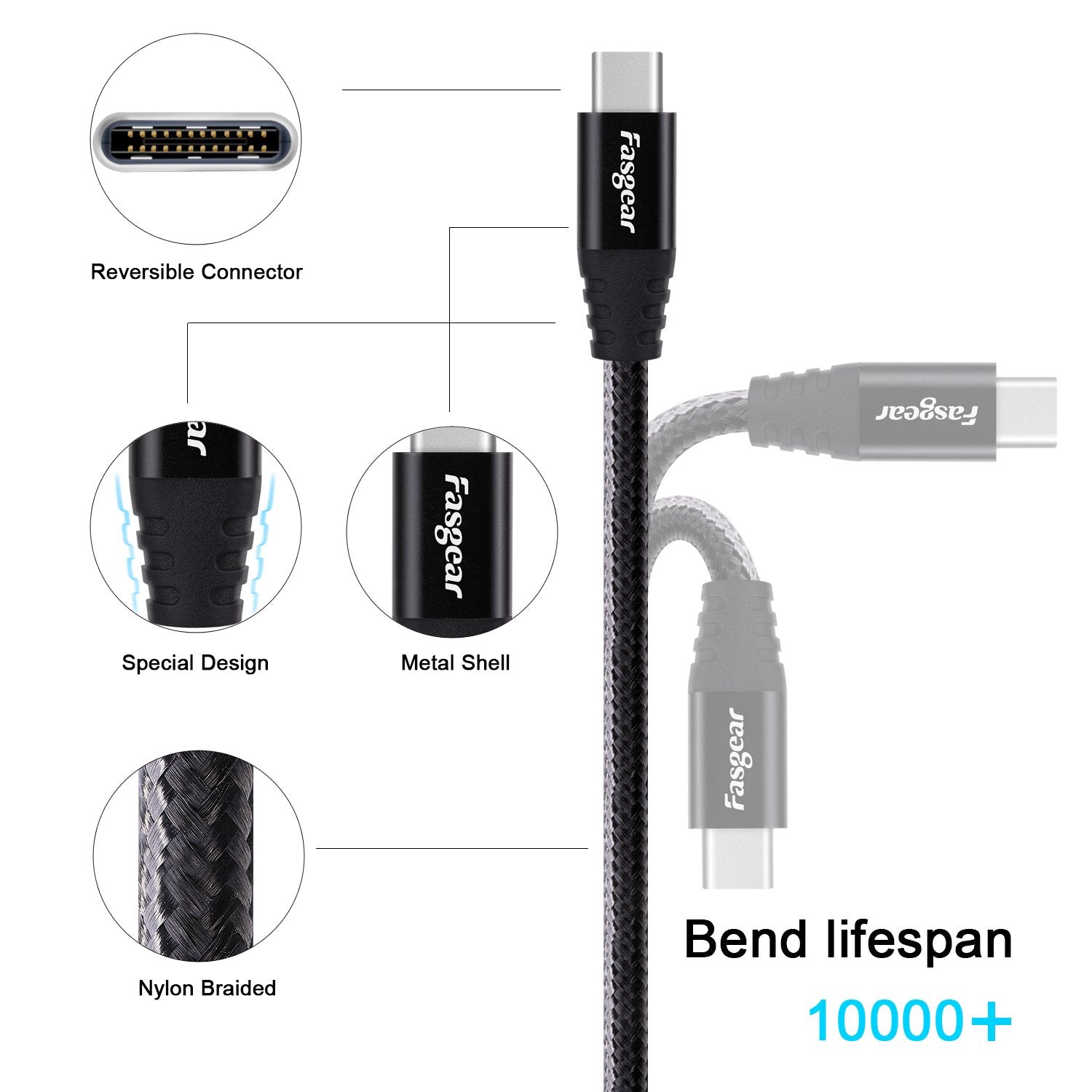 Cable USB C a Micro USB Fasgear en Negro de 30 cm con Nailon Trenzado