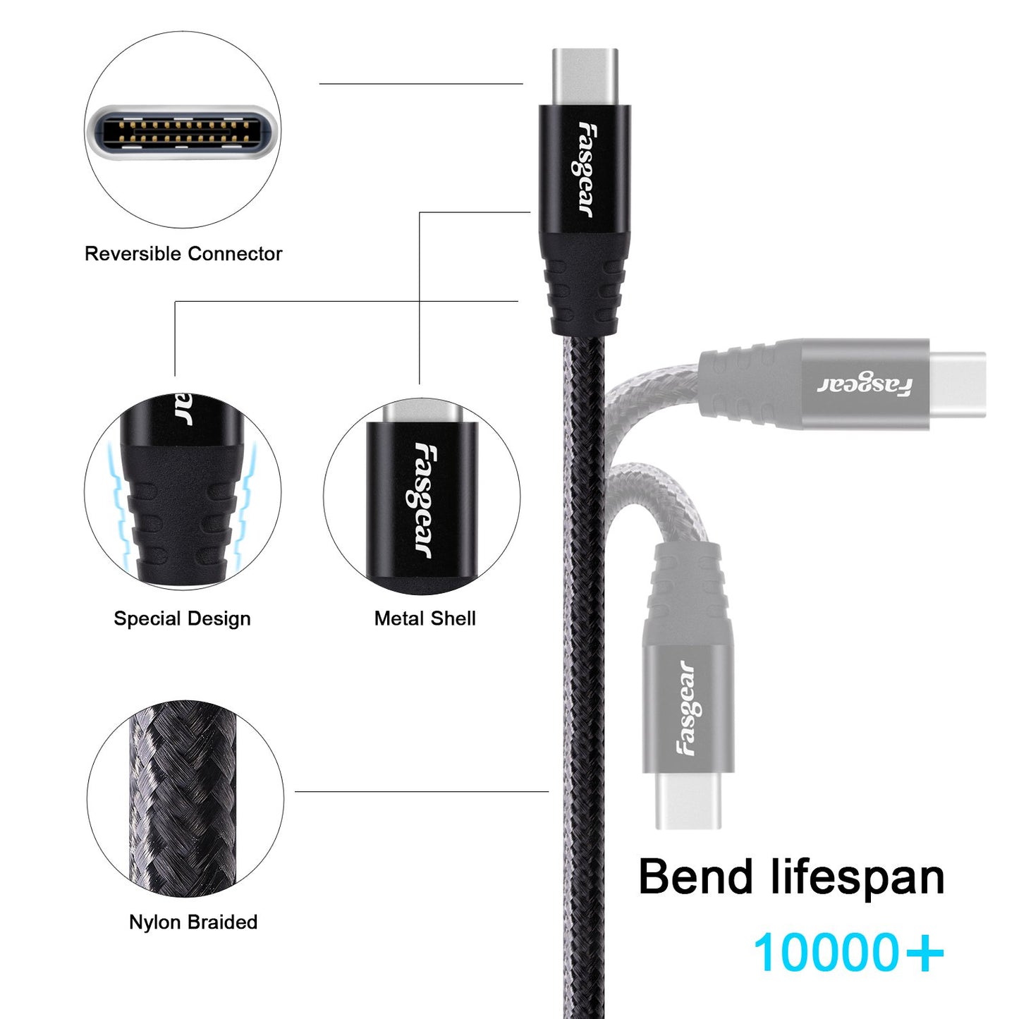 Cable USB C a Micro USB Fasgear Negro de Nailon Trenzado 1 m Compatible con Galaxy S7/S6 y HTC