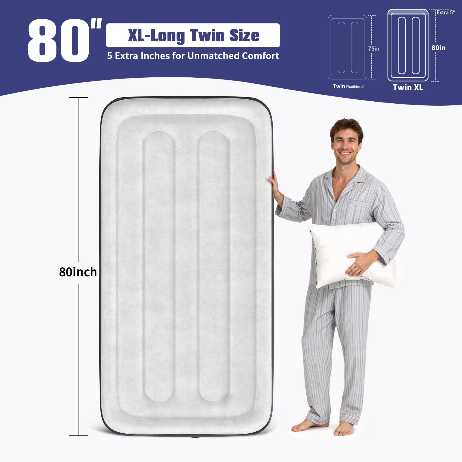 VOSSER - Colchón de aire individual XL con bomba incorporada, 80 pulgadas de largo, colchón inflable mejorado de 18 pulgadas, colchón hinchable auto inflable en 2 minutos, colchón de aire de tamaño