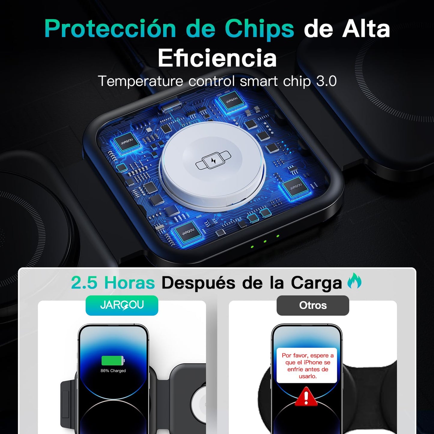 JARGOU-Estación de Carga magnética de Tres en uno para iPhone 16/15/14/13/12, Cargador de Viaje para Airpods 4/3/2/Pro/Pro 2, para iWatch 10/9 /8/7/6/5/4/3/2/Ultra/Ultra 2/SE (Negro Claro)