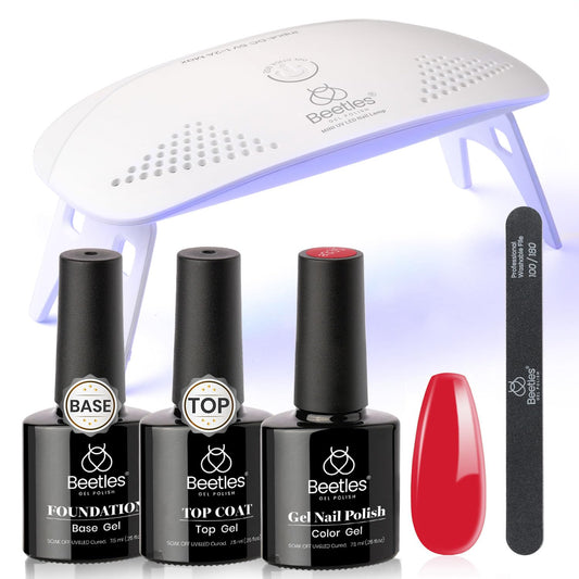 Kit de esmalte de uñas en gel rojo Beetles con luz LED UV y capa superior de gel base Kit de inicio Juego de esmalte de uñas en gel rojo Soak Off con lámpara Lima de uñas para uñas caseras Perfecto para la manicura del 4 de julio para mujeres