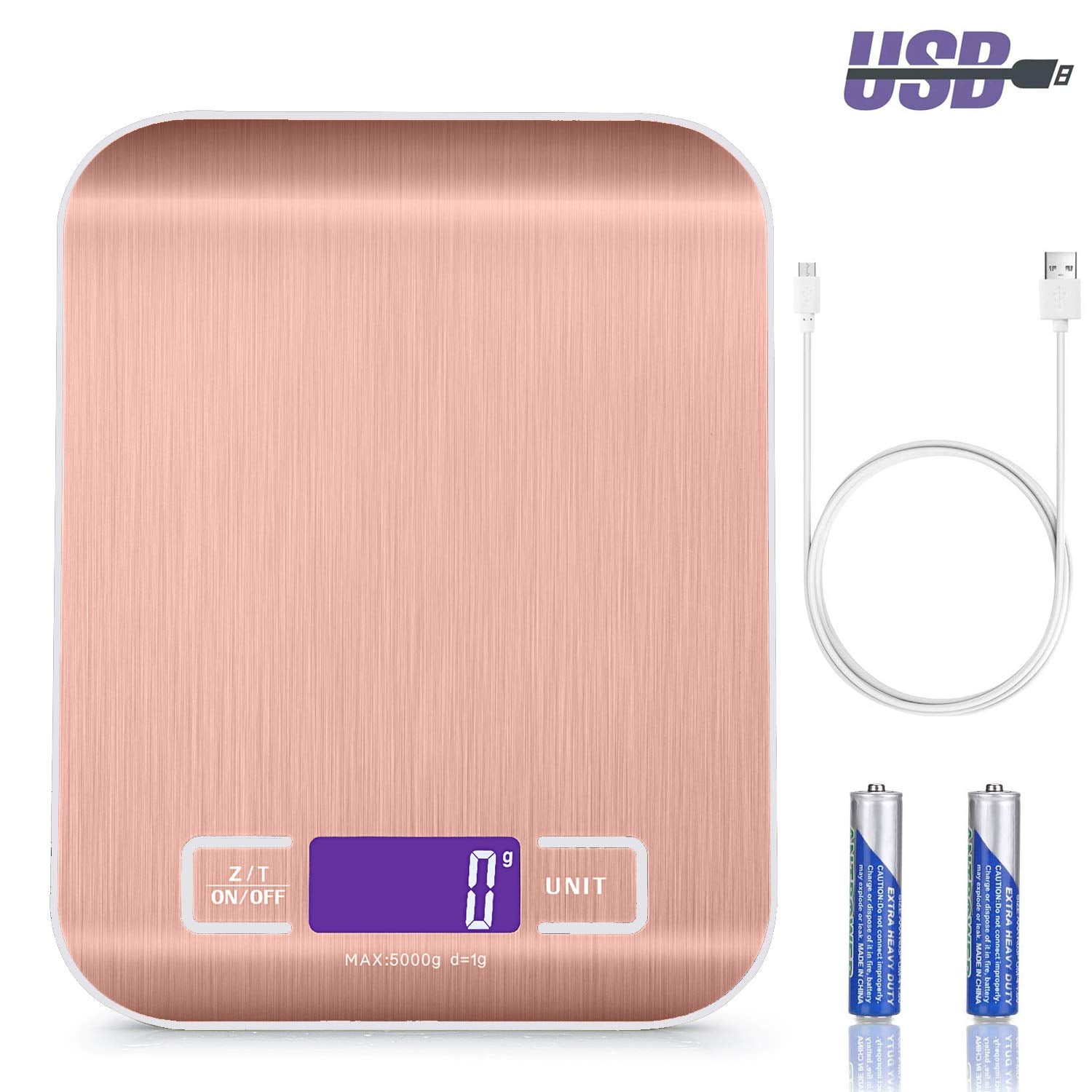Báscula de Cocina con Carga USB Recargables 5kg / 11 lbs Peso Cocina Digital Balanza Alimentos de Acero inoxidable con Pantalla LCD Función de Tara (rosa)